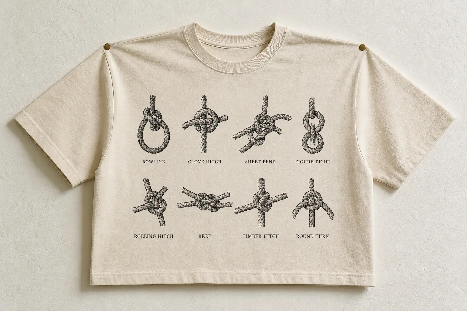 A bone tee printed in charcoal with eight knots arranged in two rows of four, each tied in the same rope and rendered in fine parallel hatching, each labelled beneath in small type — BOWLINE, CLOVE HITCH, SHEET BEND, FIGURE EIGHT, ROLLING HITCH, REEF, TIMBER HITCH, ROUND TURN.