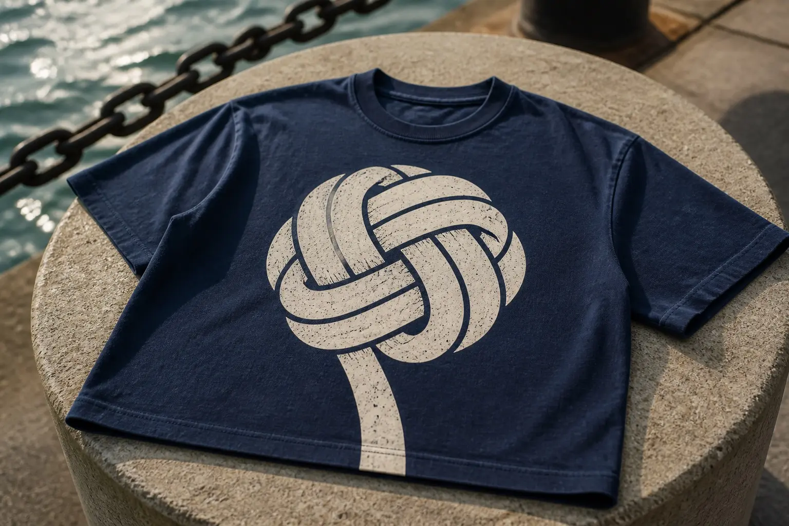 A navy shirt printed in cream with one large monkey's fist knot dead centre, three interlocking sets of turns shown as flat bands each with a single line following its twist, the tail running off the bottom edge.