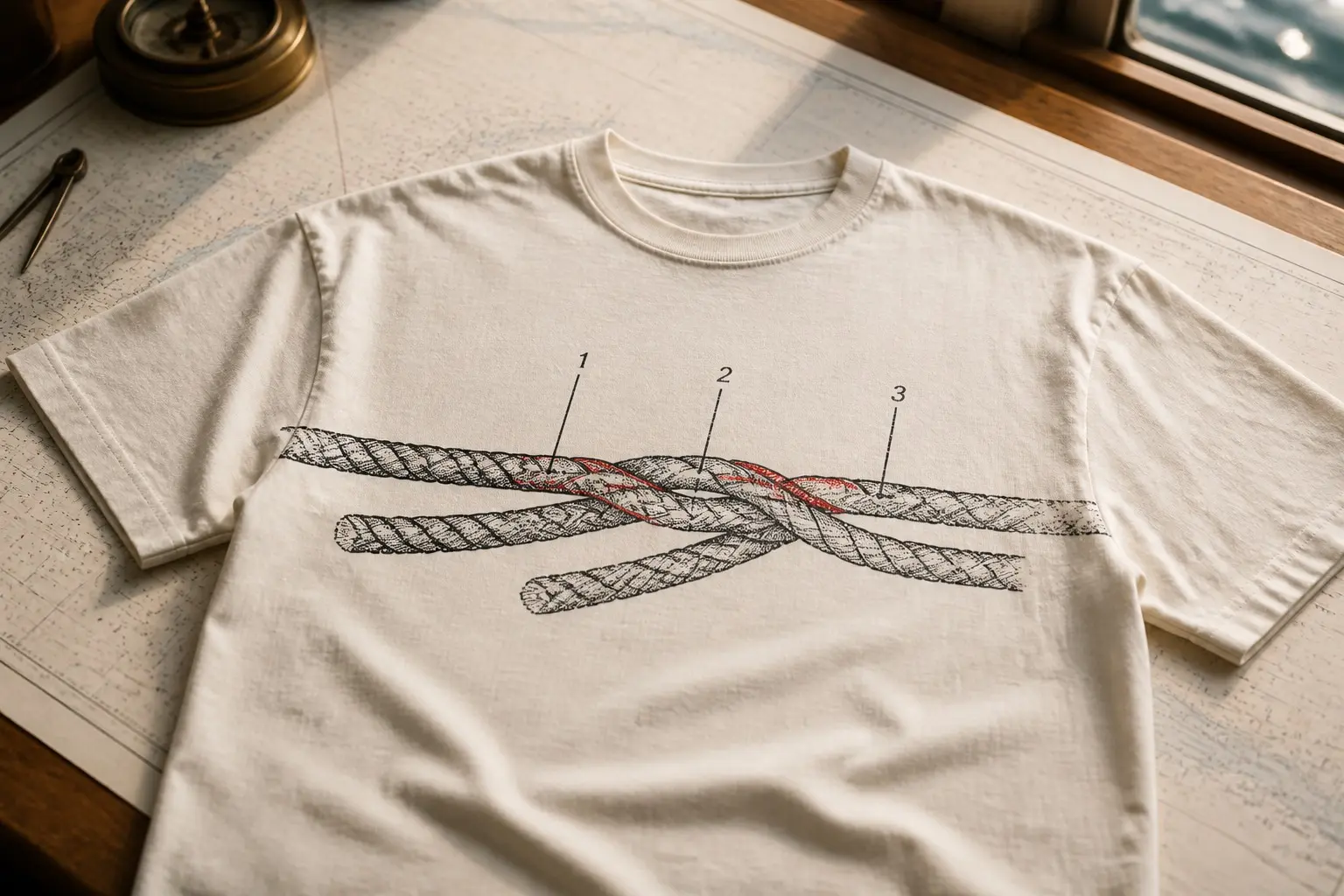 A bone tee printed with an eye splice shown in cutaway along its length in charcoal and red, three strands laid out horizontally and tucked one under another, with thin leader lines pointing to each tuck numbered 1, 2 and 3.