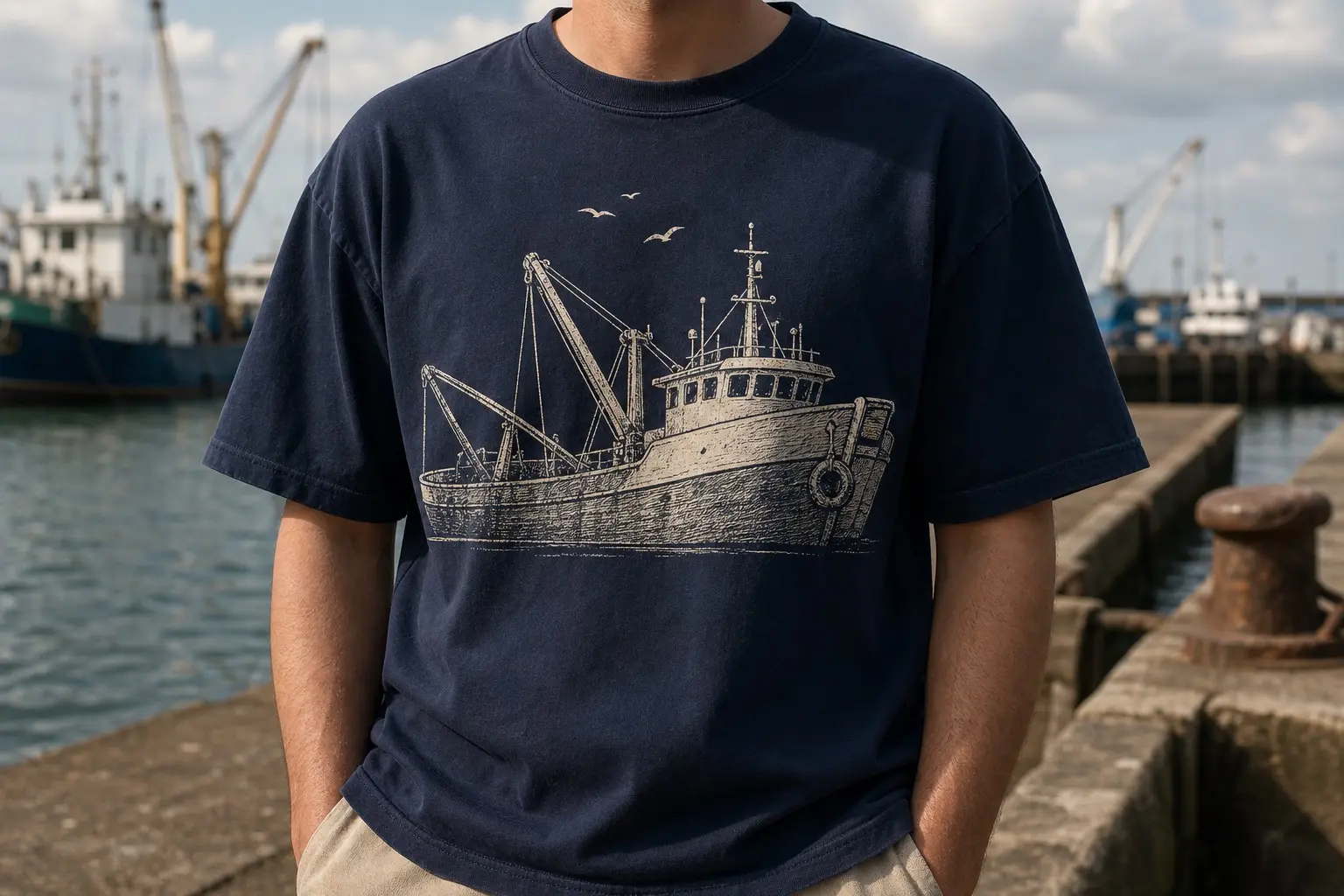 A navy tee printed in cream with one beam trawler shown side-on filling the full width, a heavy simple hull, two derricks angled out and down, a tyre fender at the bow, and four small marks above the wheelhouse standing for gulls.