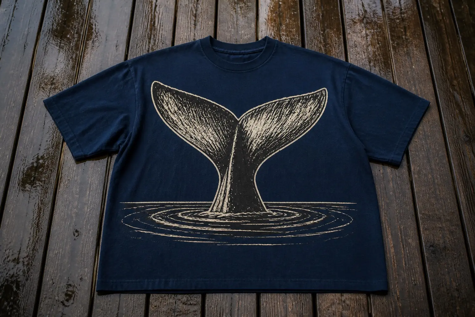 A deep indigo tee printed in cream with a whale's tail fluke raised and about to go under, filling the upper two thirds of the print, with a single straight waterline low in the frame and rings spreading where the rest of the body has already submerged.