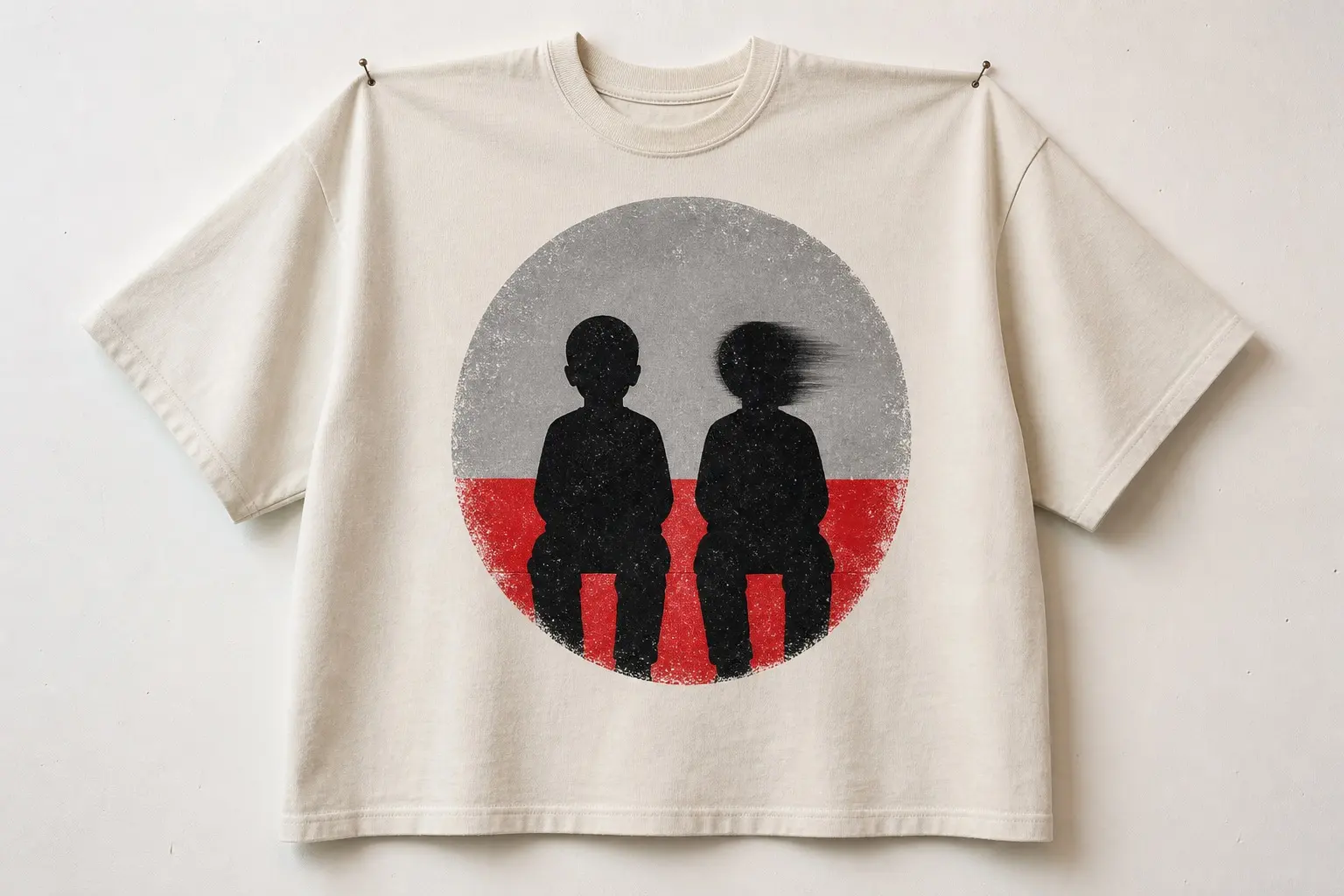 A bone tee printed with a photographic print in a plain white border, showing two plain featureless child silhouettes side by side — the left square to the front and perfectly still, the right turned almost fully away with its head drawn as a soft blurred double edge.