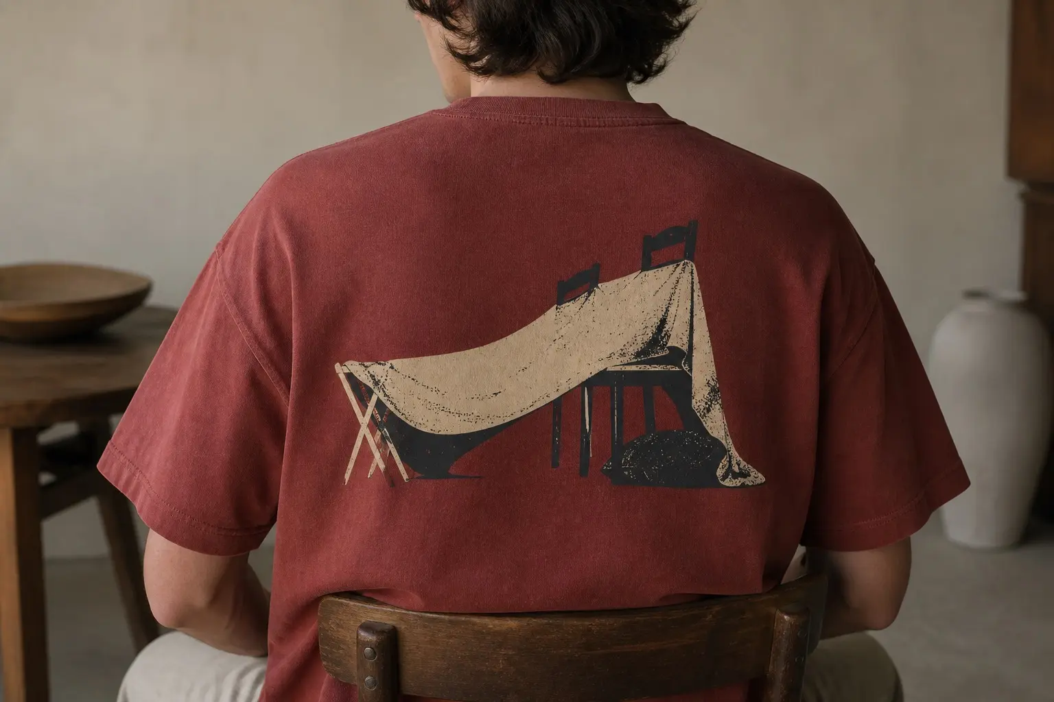 A back print on a washed red tee worn by someone seated and seen from behind, showing two dark chair backs with a cream blanket thrown over them, the ridge sagging downward from right to left onto a crossed clothes-horse frame at the low end, chair legs showing below the blanket's edge and a cushion wedged solid at the base of the right-hand chair, the space underneath filled solid dark.