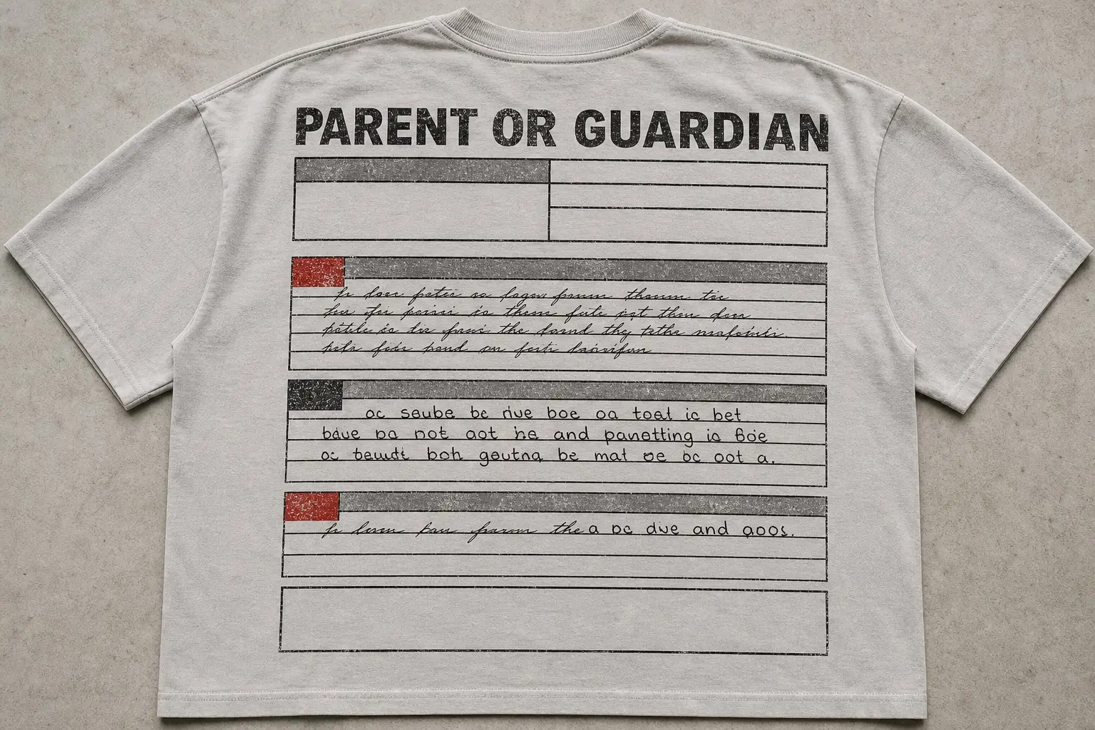 A pale grey tee printed with a large school form, its fields plain grey blocks except for the heading PARENT OR GUARDIAN, two sections filled in two different handwritings — one small and sloping, one round and upright — with a third section changing hand mid-line and the signature box left empty.