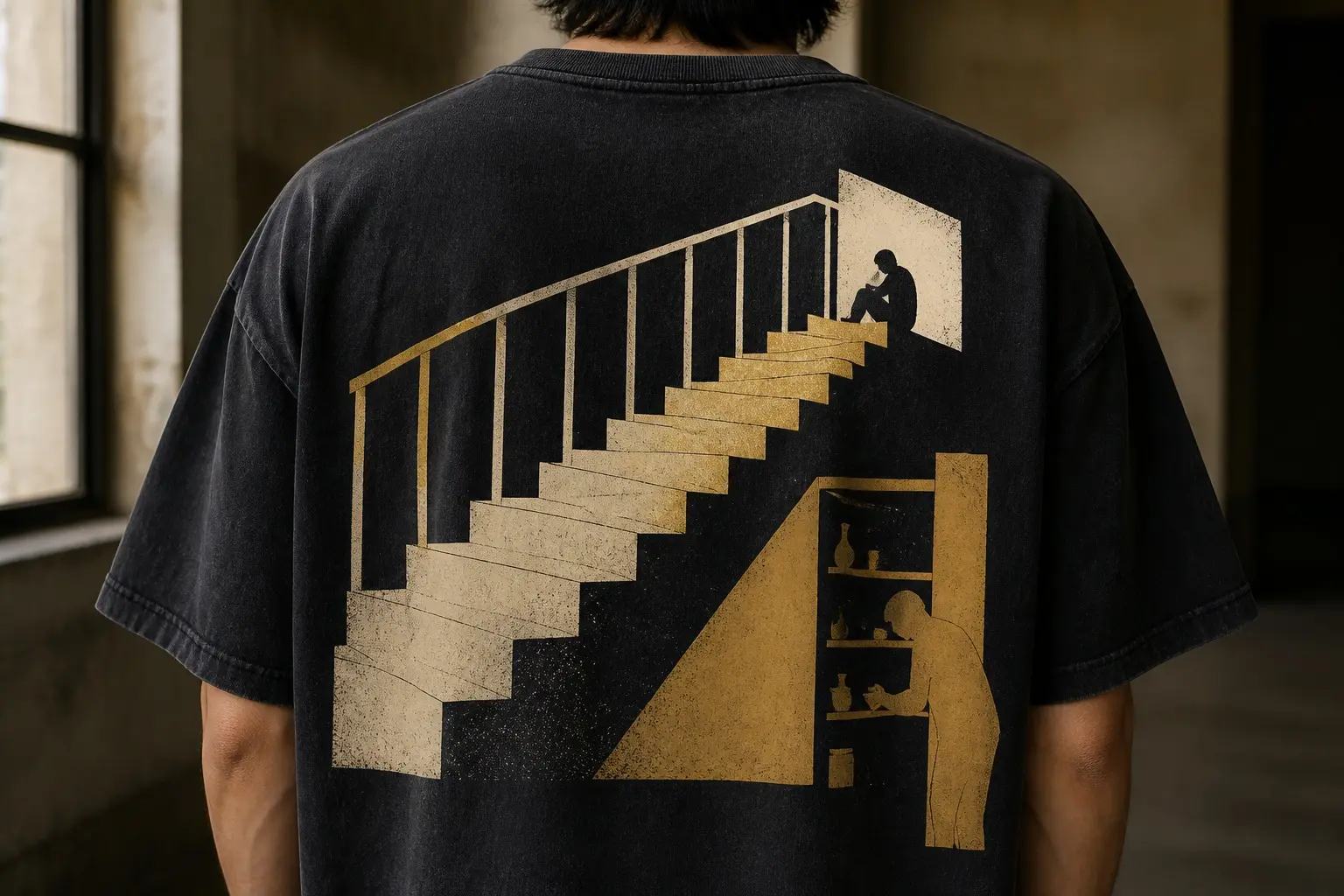 A charcoal tee printed across the back in bone white and amber with a staircase climbing to the right, a small black seated silhouette on the landing at the top with its head lowered facing back down the flight, and a much larger amber silhouette below leaning into an open shelved cupboard of jars.