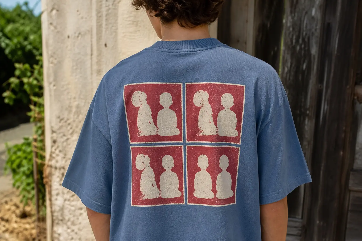 A dusty blue tee printed with four photographic prints in a two by two grid, each with a plain white border, each showing the same two plain featureless child silhouettes in the same seated positions, with one figure's posture changing across the four panels.