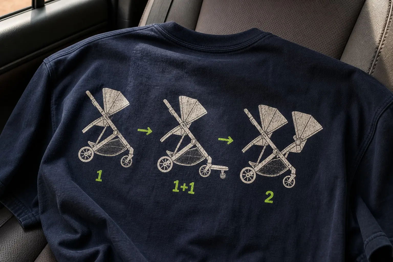 On navy, one pushchair frame from the side drawn three times at the same scale in three configurations — single seat; single seat with a small board attached behind; two seats one behind the other — the frame identical in all three, only the attachments changing. Small arrows connect them, and beneath each drawing one label: 1, 1+1, 2.