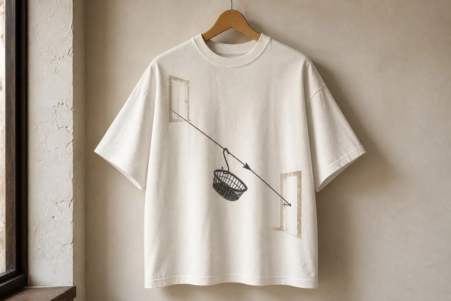 A cream tee on a wooden hanger, printed with one unbroken black diagonal running from a wide-open pale tan doorframe at the upper left down to a barely ajar one at the lower right, a wire basket hanging level from a bent hook at the line's midpoint and a solid arrowhead on the line just past it pointing down and to the right.