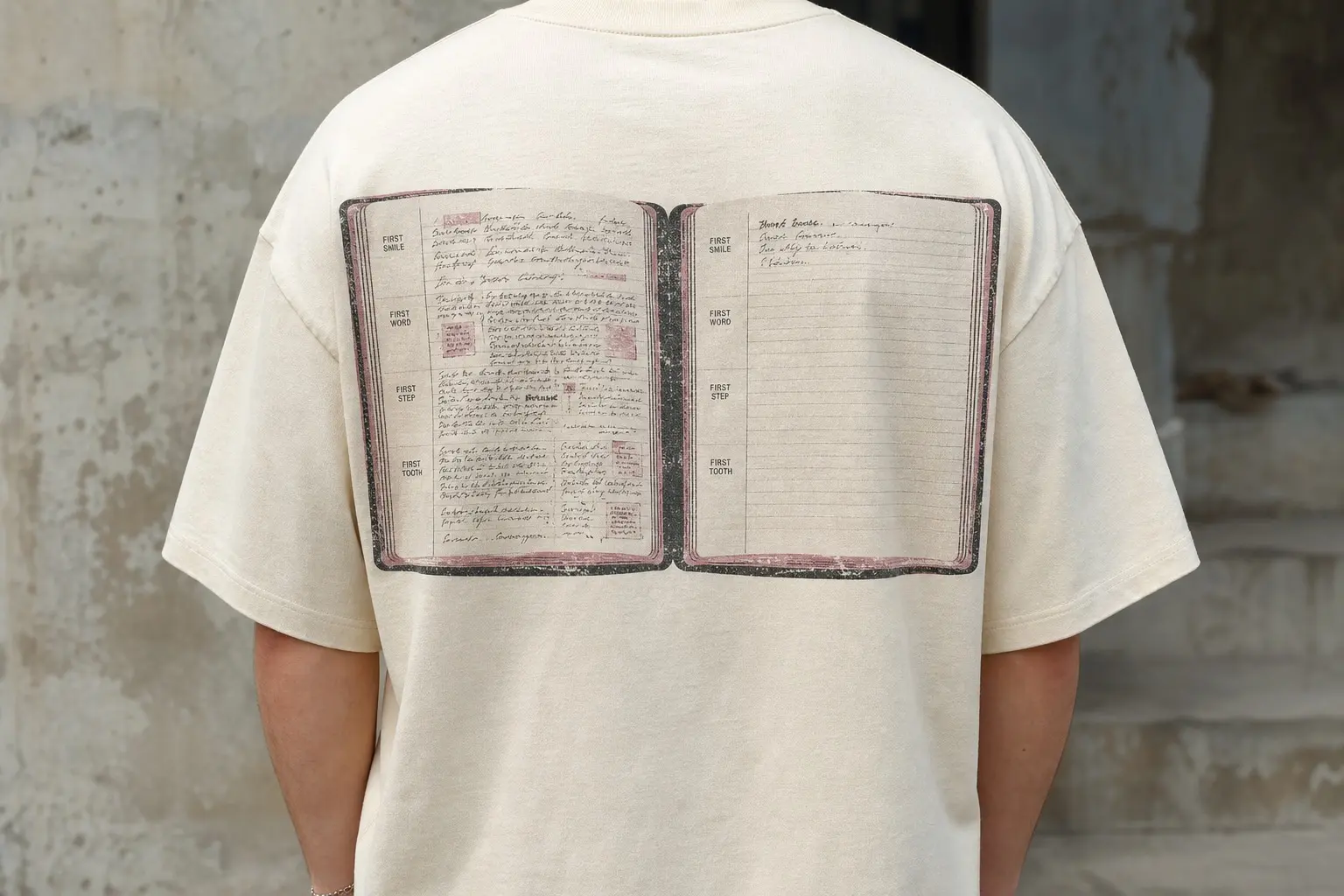 A cream tee printed with one baby record book shown open flat, its left page filled edge to edge with dense illegible ruled handwriting and its right page almost entirely blank, with only a few entries filled in at the very top.