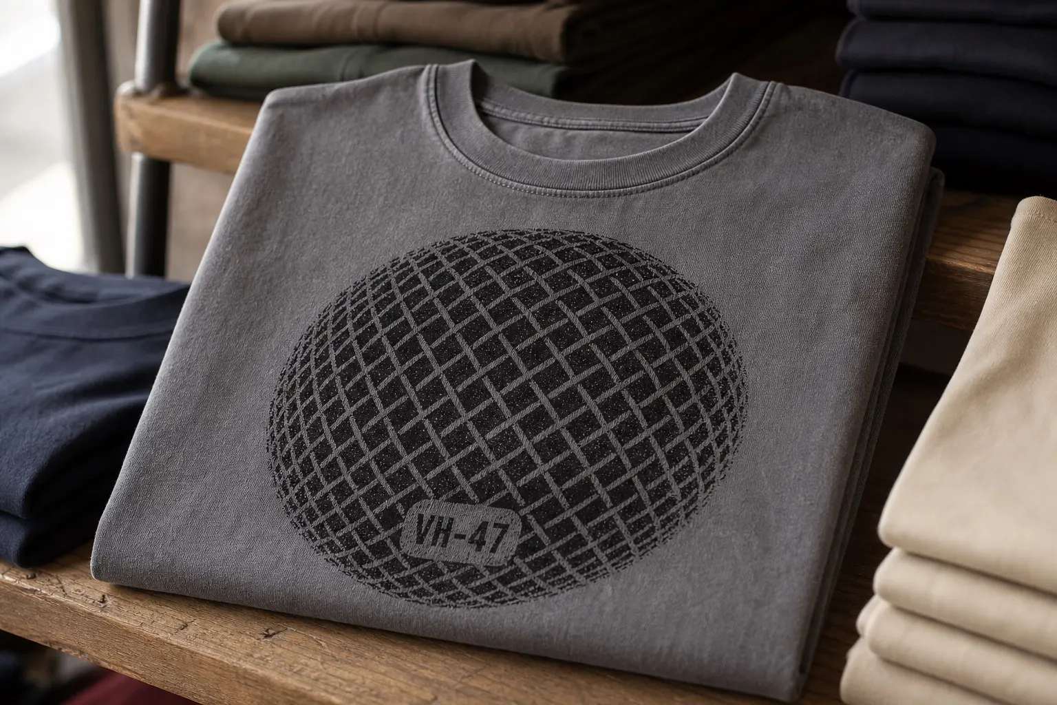A steel grey tee in near black printed with the fine diamond mesh of a microphone grille filling the chest, curving with the ball of the grille so the diamonds compress towards the left and right edges, with a small stencilled VH-47 badge low on the grille.