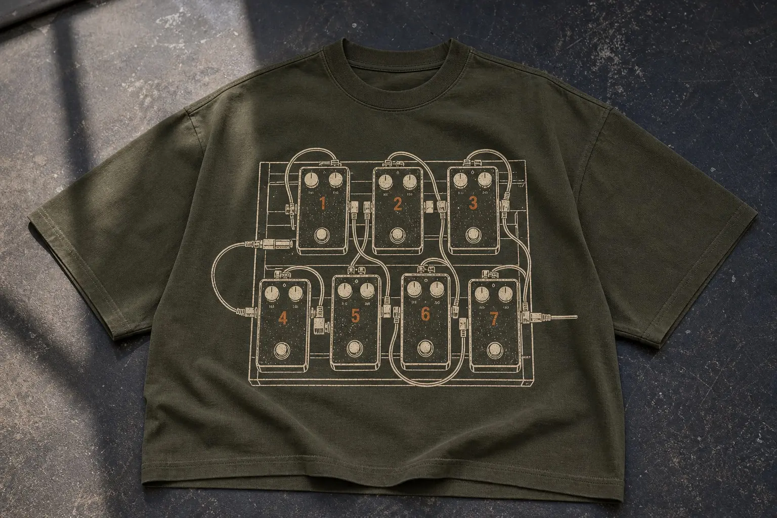 An olive tee in cream and orange printed with seven guitar pedals seen from directly above, tiled in two uneven rows, each a plain rectangle with two or three knobs and one footswitch, patch cables running between them, each pedal numbered 1 to 7.