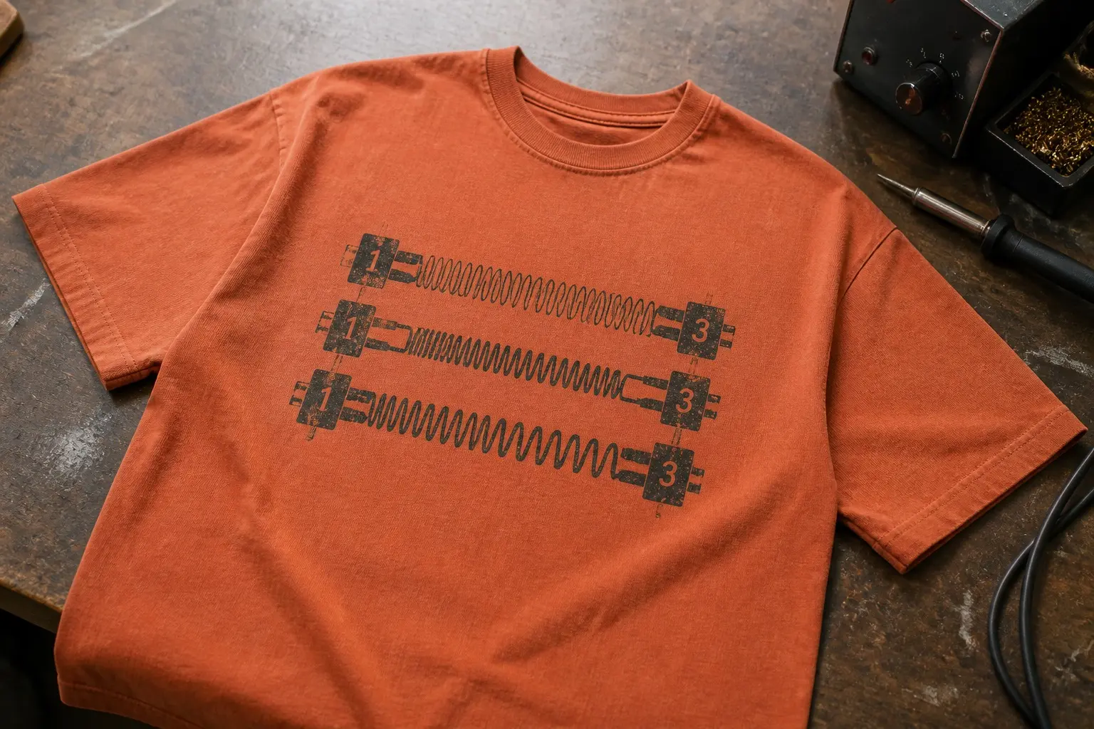 A rust orange tee printed in charcoal with the inside of a spring reverb tank from directly above, three long springs of different gauges stretched the full width between two transducer ends, each a regular helix with a visibly different coil pitch, and a stamped figure 1 at one end and 3 at the other.