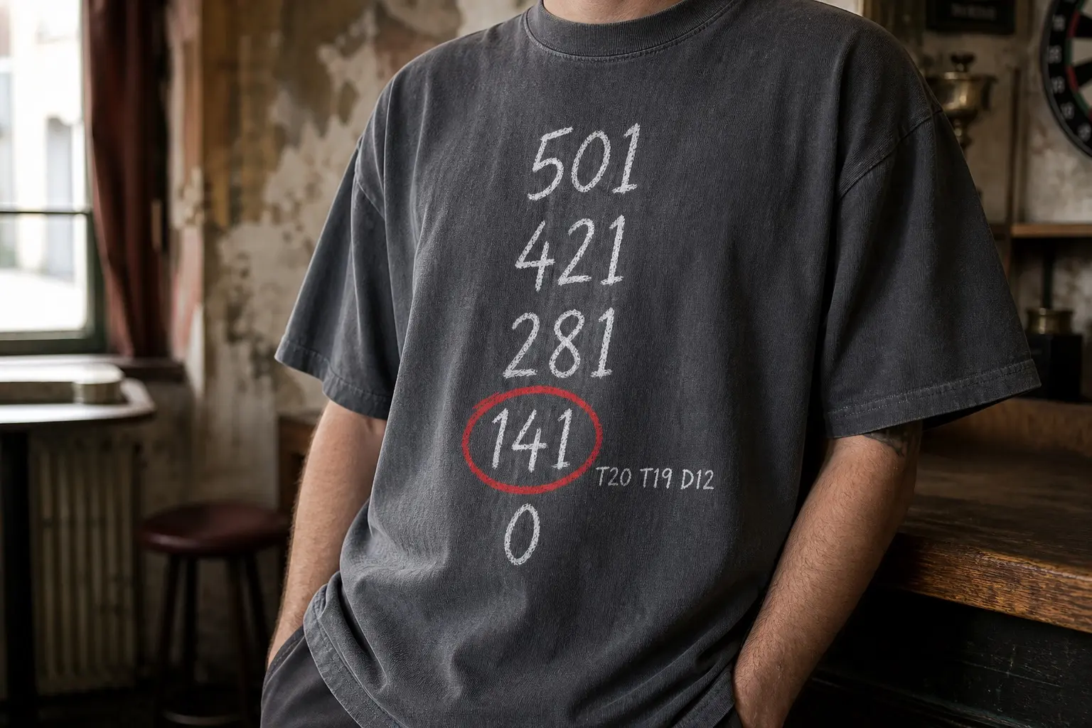 A slate grey tee in chalk white with one red ink, printed as a chalked scoreboard showing a single descending column — 501, 421, 281, 141 circled in red, 0 — with T20 T19 D12 written small beside the circled figure.