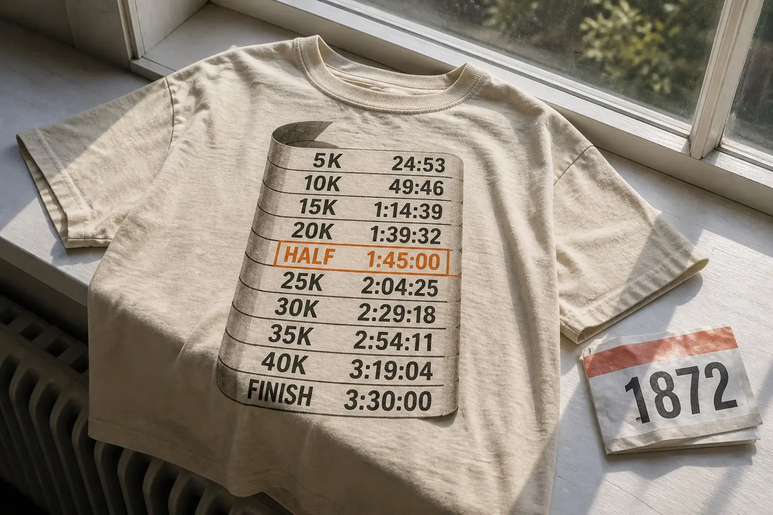 A bone tee in charcoal with one orange ink, printed as a narrow paper wrist band ruled into ten rows — 5K 24:53, 10K 49:46, 15K 1:14:39, 20K 1:39:32, HALF 1:45:00 boxed, 25K 2:04:25, 30K 2:29:18, 35K 2:54:11, 40K 3:19:04, FINISH 3:30:00.