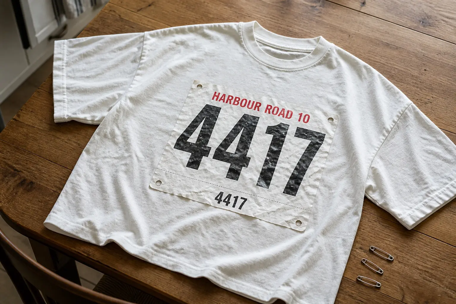 A white tee in black with one red ink, printed as a creased paper race bib — the number 4417 very large in black, the event name HARBOUR ROAD 10 small in red above it, four punched pin holes at the corners, and a perforated tear-off stub across the foot carrying 4417 again.