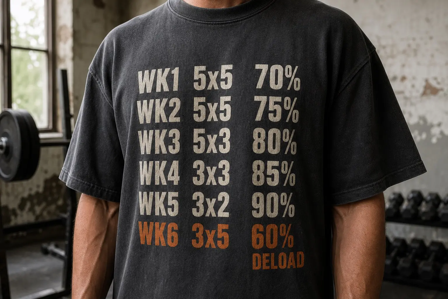 A charcoal tee printed in cream with one orange, showing a ruled six-row training block — WK1 5x5 70%, WK2 5x5 75%, WK3 5x3 80%, WK4 3x3 85%, WK5 3x2 90%, and WK6 3x5 60% annotated DELOAD.