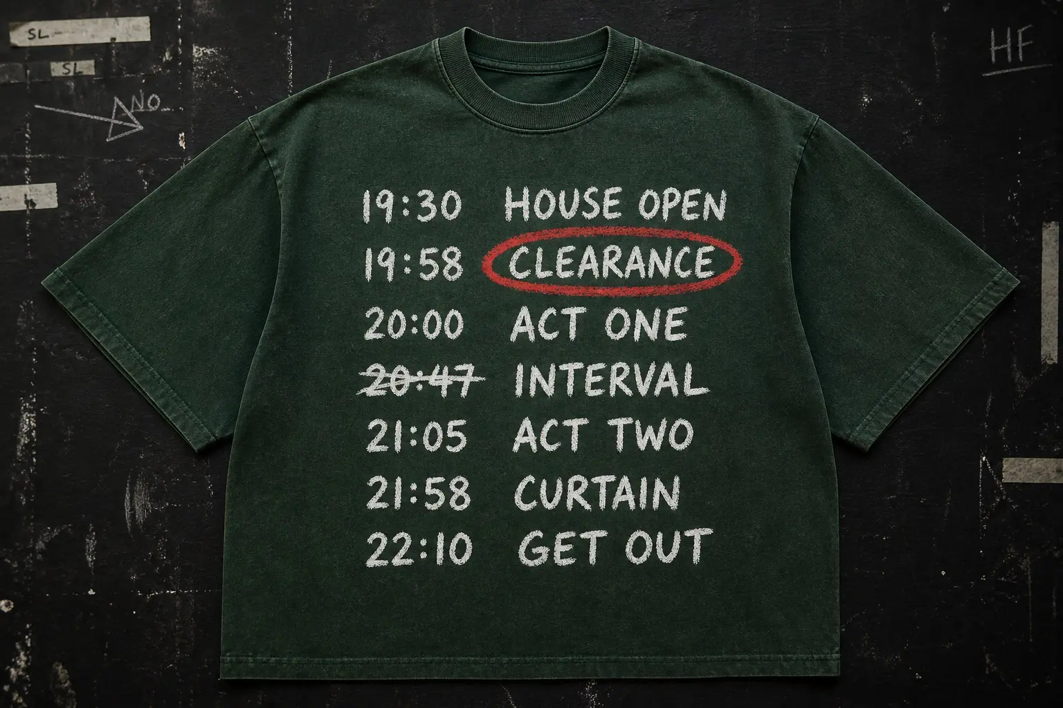 A dark green tee printed in chalk white and red with a chalkboard running order — 19:30 HOUSE OPEN, 19:58 CLEARANCE, 20:00 ACT ONE, 20:47 INTERVAL, 21:05 ACT TWO, 21:58 CURTAIN, 22:10 GET OUT — CLEARANCE ringed in red, and the interval line half rubbed out and rewritten.