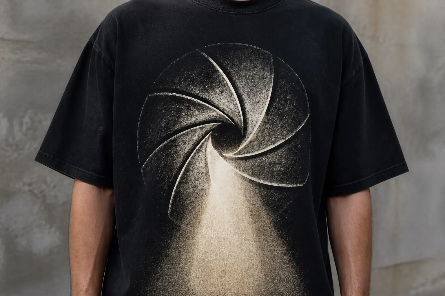 A near-black tee printed in cream and warm white with an iris diaphragm dead-on, overlapping curved blades closed to about a third of a full aperture, blade edges catching light, and a soft cone of light widening downward from the aperture toward the hem.
