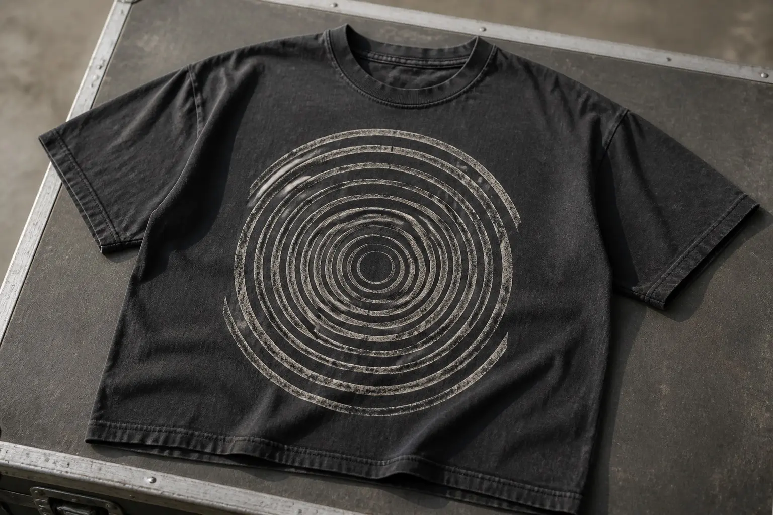 A charcoal tee in cream printed with a Fresnel lens dead-on as concentric stepped rings, each ring with a hard inner and outer edge so the surface reads as cut steps rather than a smooth curve, spacing even from centre to rim.