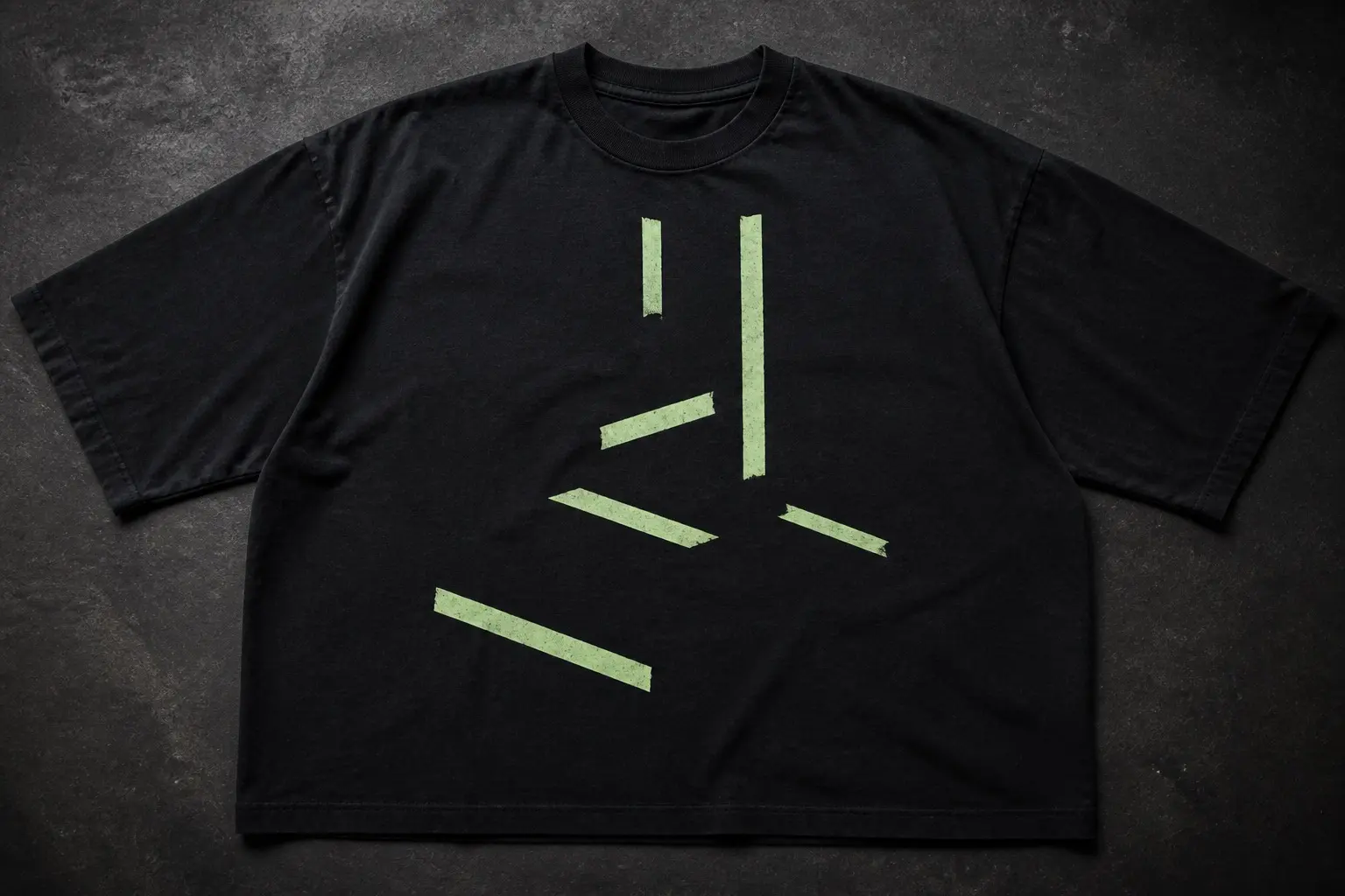 A near-black tee printed in one pale luminous green with seven short strips of glow tape floating in an otherwise empty black field, each a plain rectangle at a different angle and brightness, arranged to suggest a step edge, a corner and a doorframe without drawing any of them.