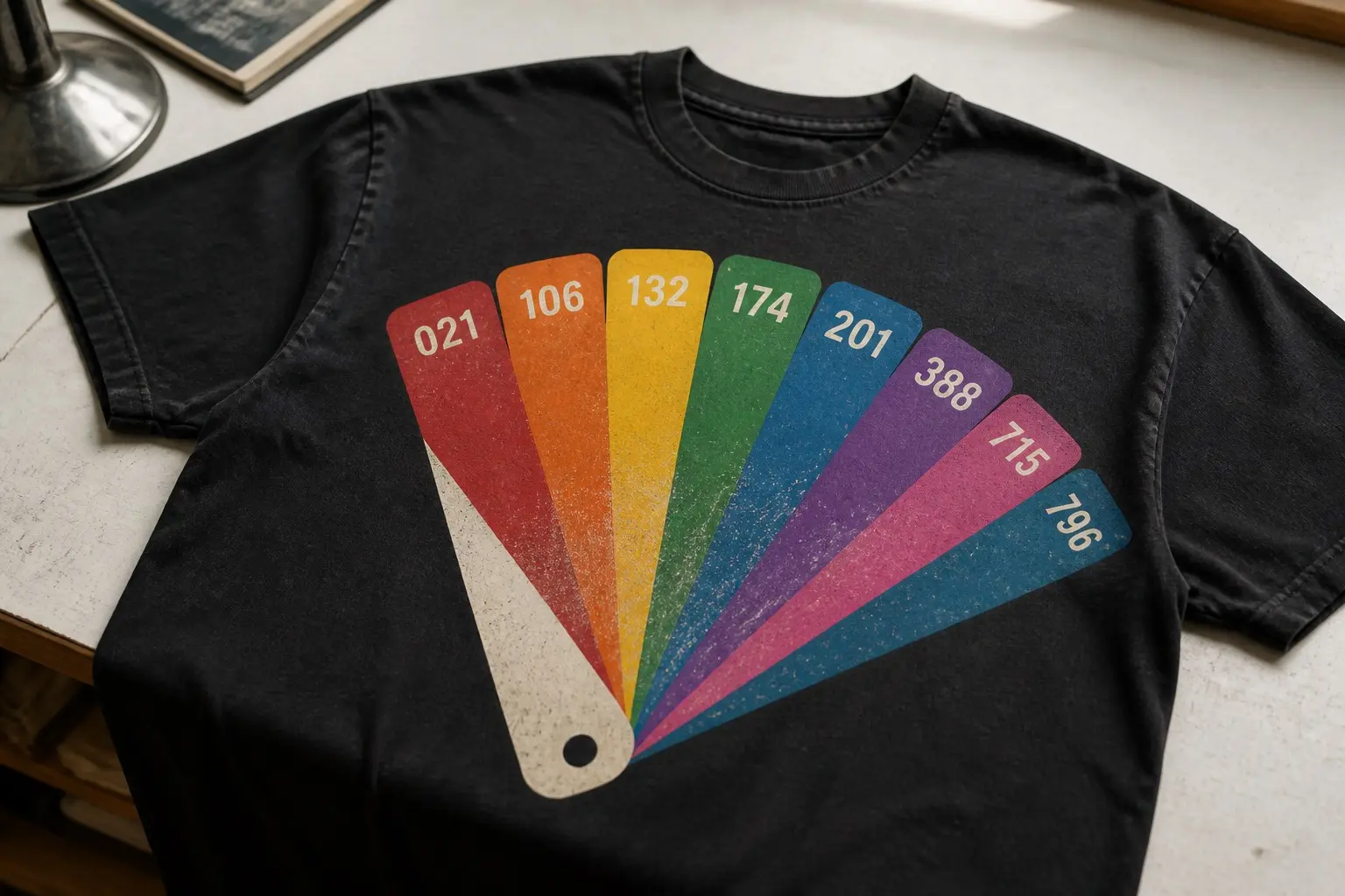 A black tee in eight saturated colours and cream printed with a gel swatch book fanned open from a single rivet, eight rectangular colour samples spreading in an arc, each stamped with an invented number — 021, 106, 132, 174, 201, 388, 715, 796.