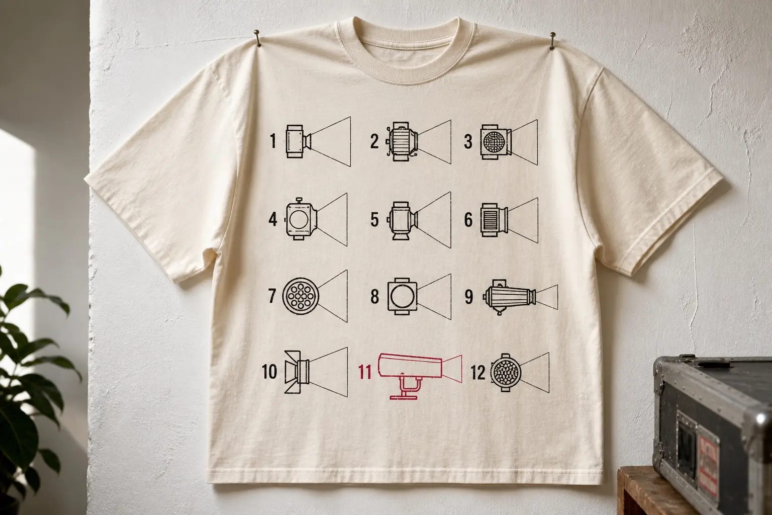 A cream tee printed in charcoal and red with twelve lantern symbols from a lighting plan in a loose grid, each a plan-view outline of a profile, Fresnel, parcan, flood or follow spot with a small circle for the unit and a wedge for beam direction, each labelled with a channel number from 1 to 12.