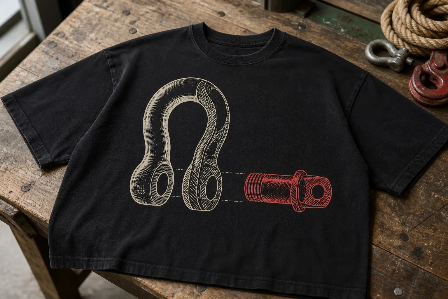 A black tee printed in cream and red with a bow shackle in cutaway, its screw pin withdrawn and floating along the same axis with the thread visible, thin leader lines connecting the parts, and an invented working load limit — WLL 3.25 T — stamped small on the body.