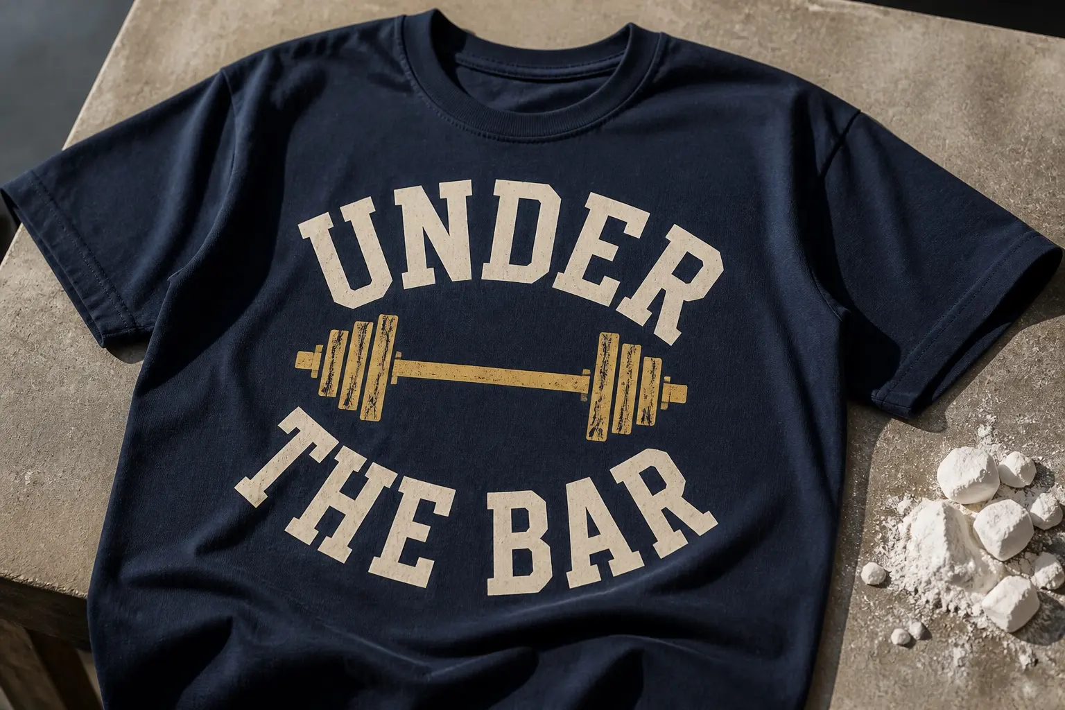 A navy shirt in cream and gold — the word UNDER arched upward in heavy varsity block, a loaded barbell drawn straight and level as the middle band, and THE BAR bowed downward as an exact mirror of the top arc, with the sides left open.