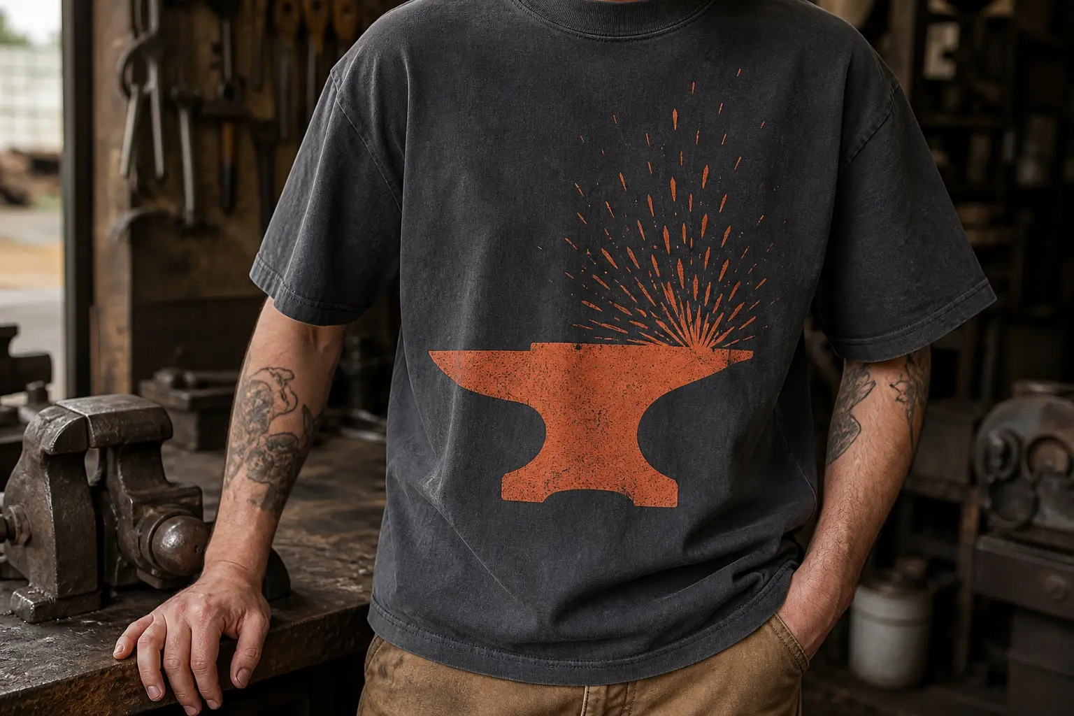 A charcoal tee printed in cream and ember orange with an anvil in strict profile as a solid silhouette, a shower of sparks cut out of the anvil's own mass and rising from the horn, the sparks growing smaller and sparser towards the top edge.