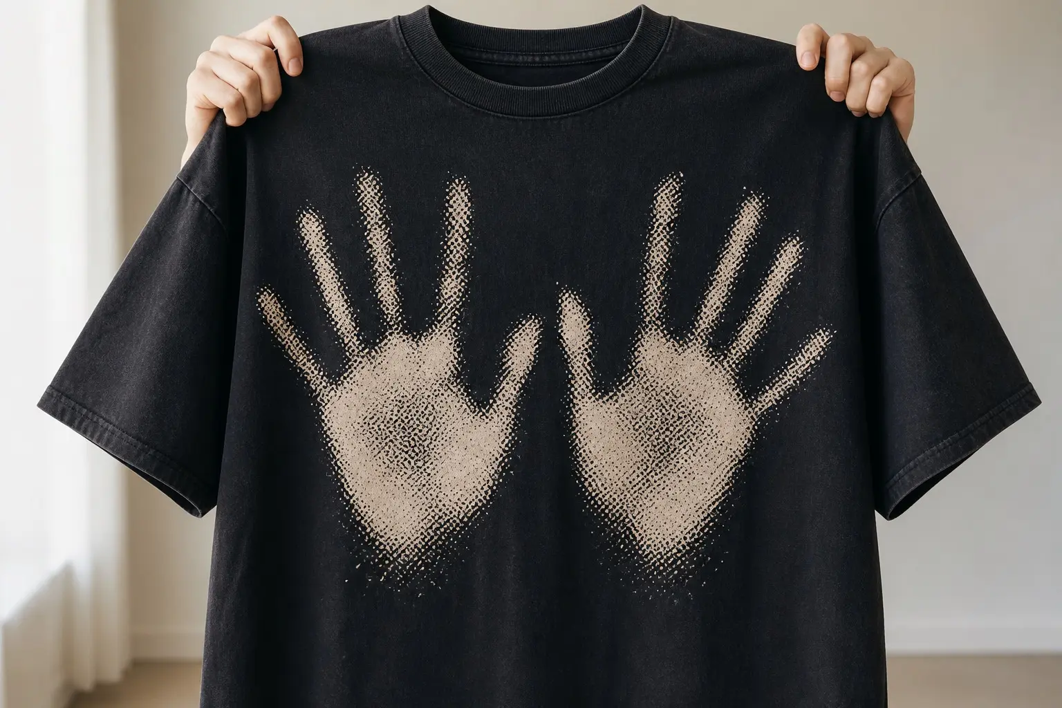 A washed black tee printed with two open handprints in cream chalk, palms and fingers spread, rendered entirely as coarse halftone dots that break apart towards the edges of each print.