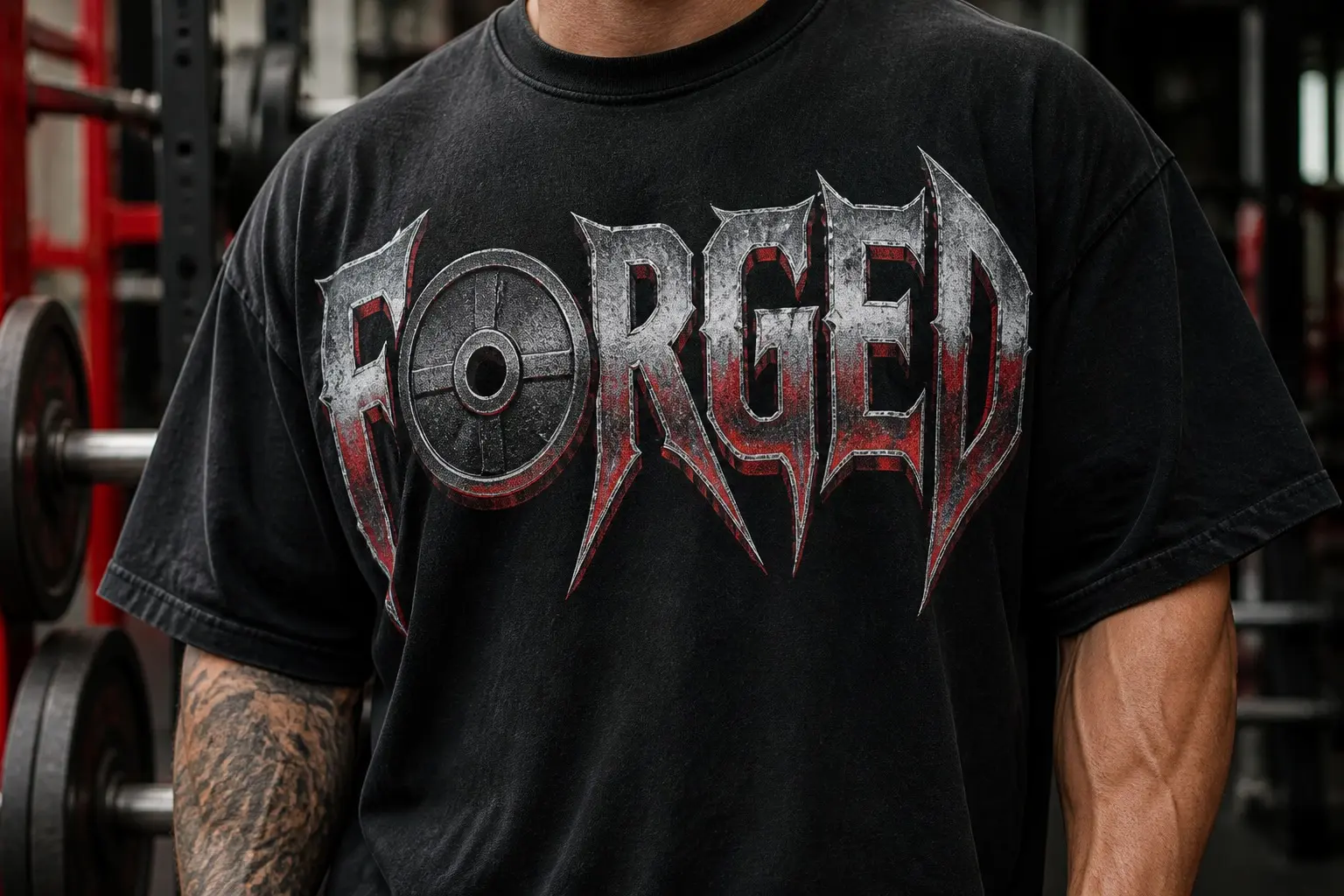 A black tee printed with the word FORGED across the full chest in polished silver chrome with a blood-red inner glow and spiked serif letterforms, the letter O replaced by a cast-iron weight plate seen face-on with its centre hole.