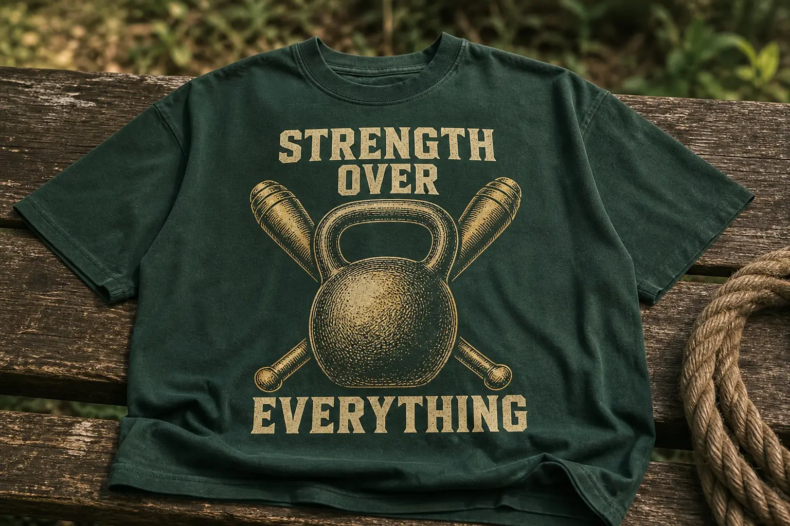 A forest green tee in gold and cream printing a kettlebell front-on in engraved crosshatch with two indian clubs crossed behind it, the words STRENGTH and OVER stacked flat above it and EVERYTHING set flat below, all three lines horizontal with nothing at all down either side.