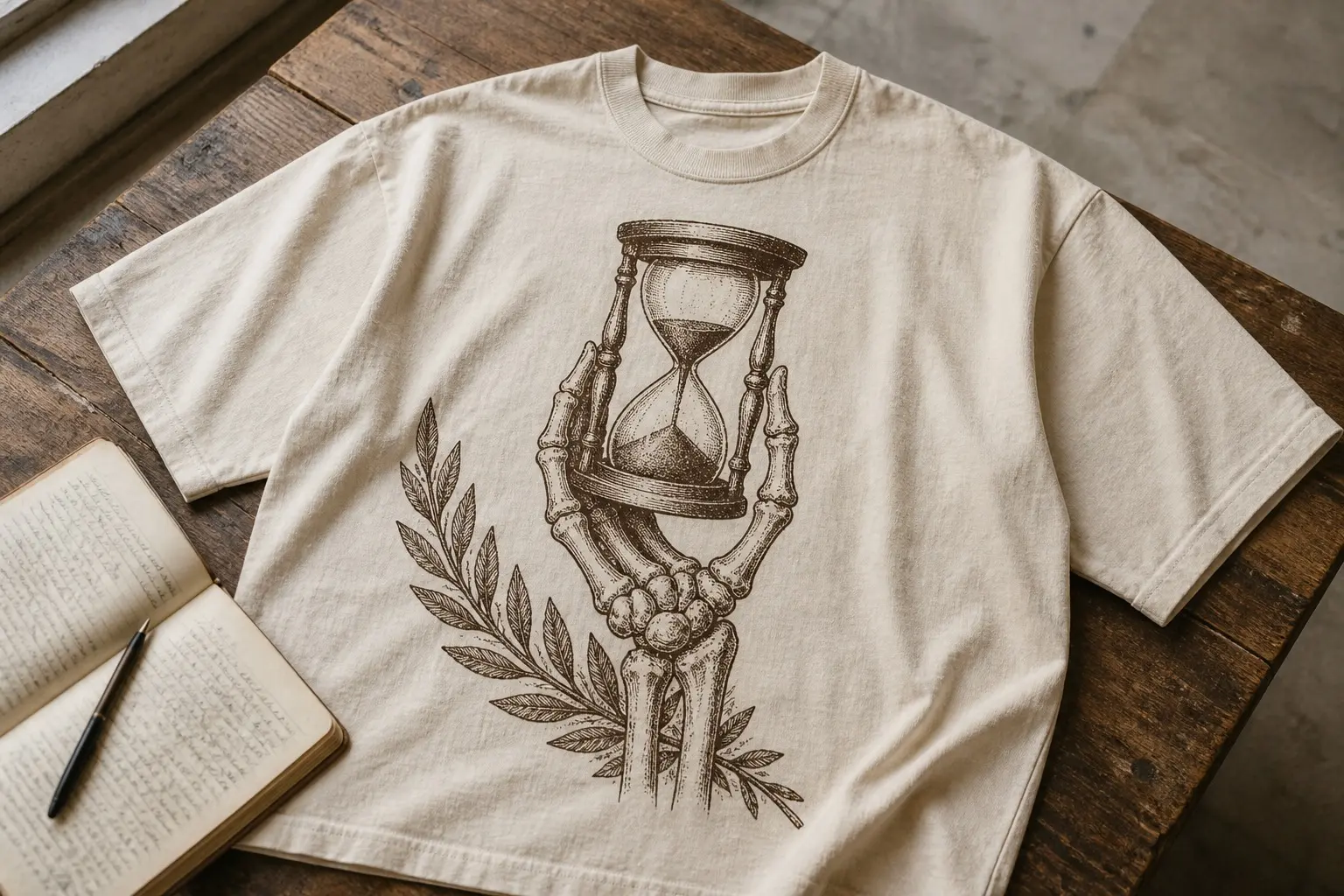 A bone tee printed in sepia with a skeletal hand rising from the bottom edge, holding an hourglass with the sand run halfway through, drawn in dense cross-hatch engraving with stipple shading, a single laurel sprig crossing behind the wrist.