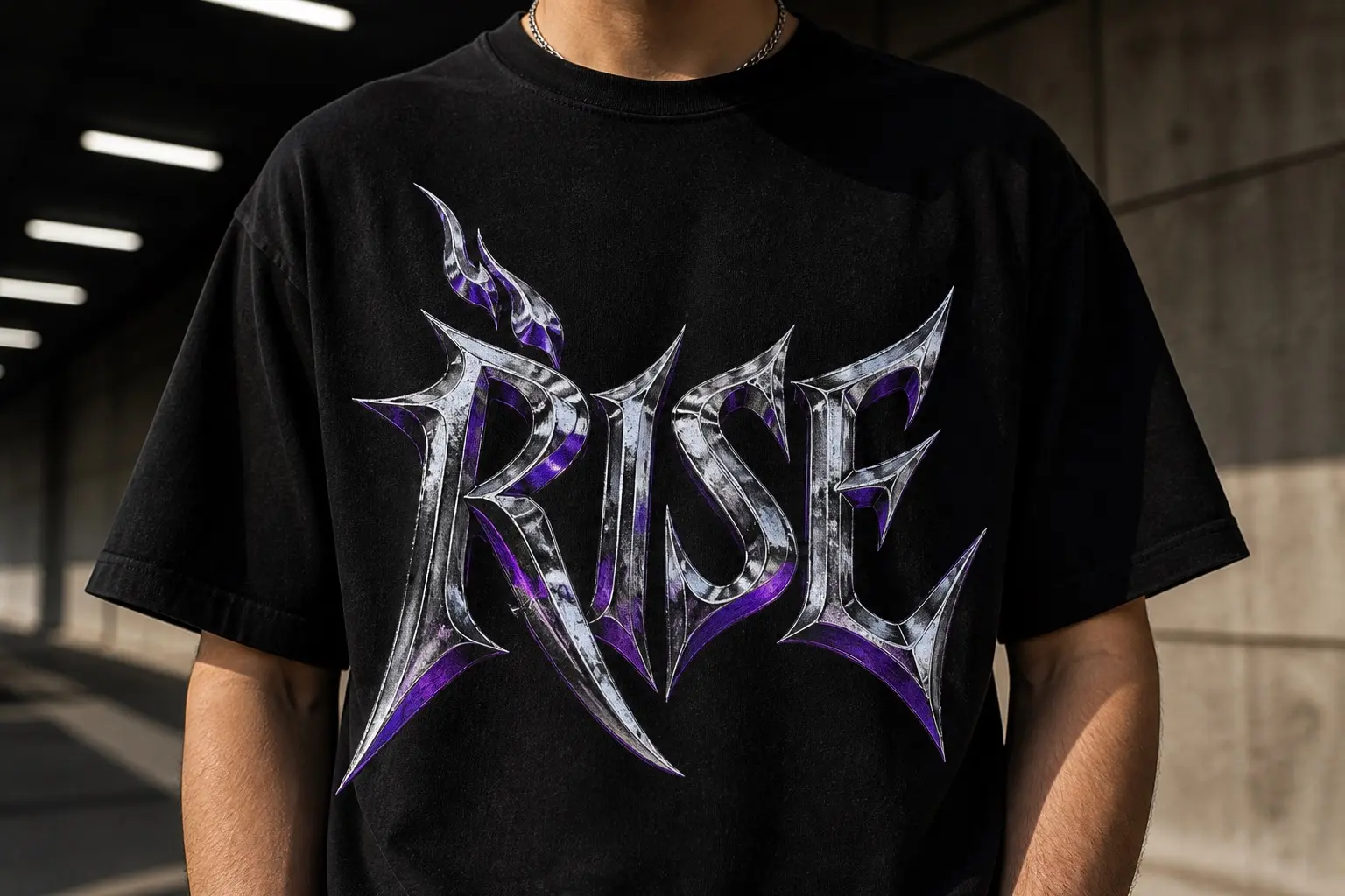 A black shirt — the word RISE in liquid metal chrome letterforms with sharp bevels and violet reflections, a small phoenix reduced to three chrome flame strokes rising out of the shoulder of the R.