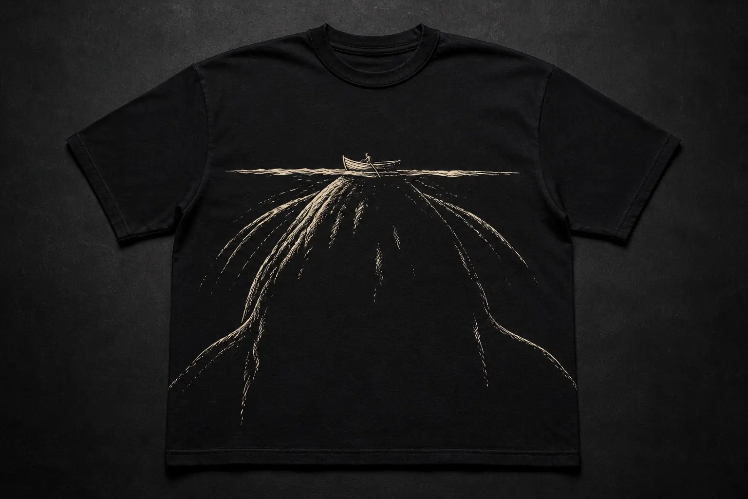 A black tee printed in a single cream ink — a tiny rowboat on a flat horizon at chest height, with vast branching shapes spreading downward beneath it across the whole body of the shirt
