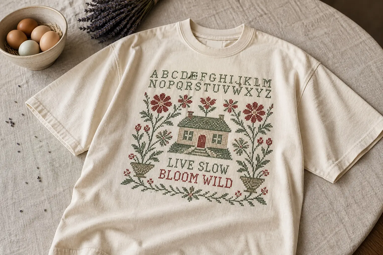 A washed cream tee on a linen tablecloth beside a bowl of eggs and dried lavender, printed with a cross-stitch style sampler — an alphabet row above a cottage flanked by flowers and the words LIVE SLOW BLOOM WILD