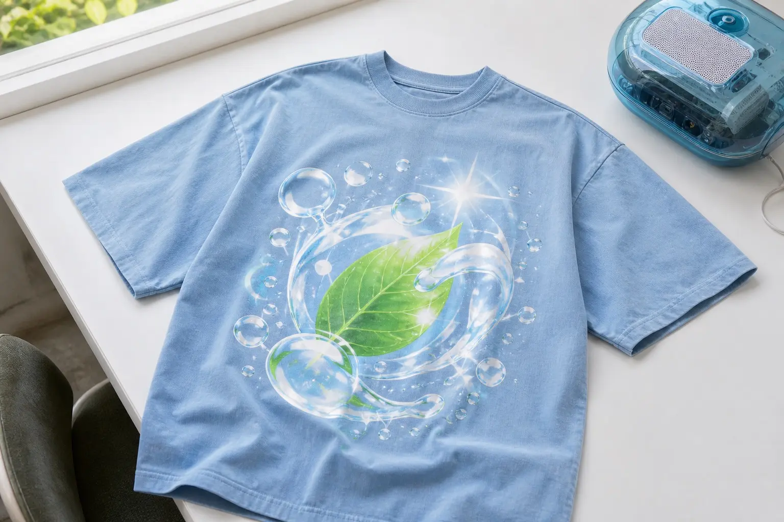A sky blue tee on a white desk beside a translucent blue gadget, printed with glossy translucent bubbles, water droplets, a bright green leaf and a soft lens flare