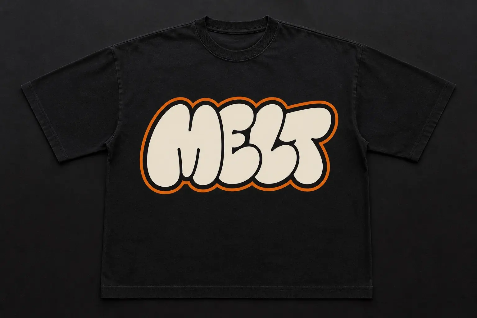 A black tee printed with the word MELT in fat cream bubble letters outlined in orange, letters overlapping with minimal gaps between them