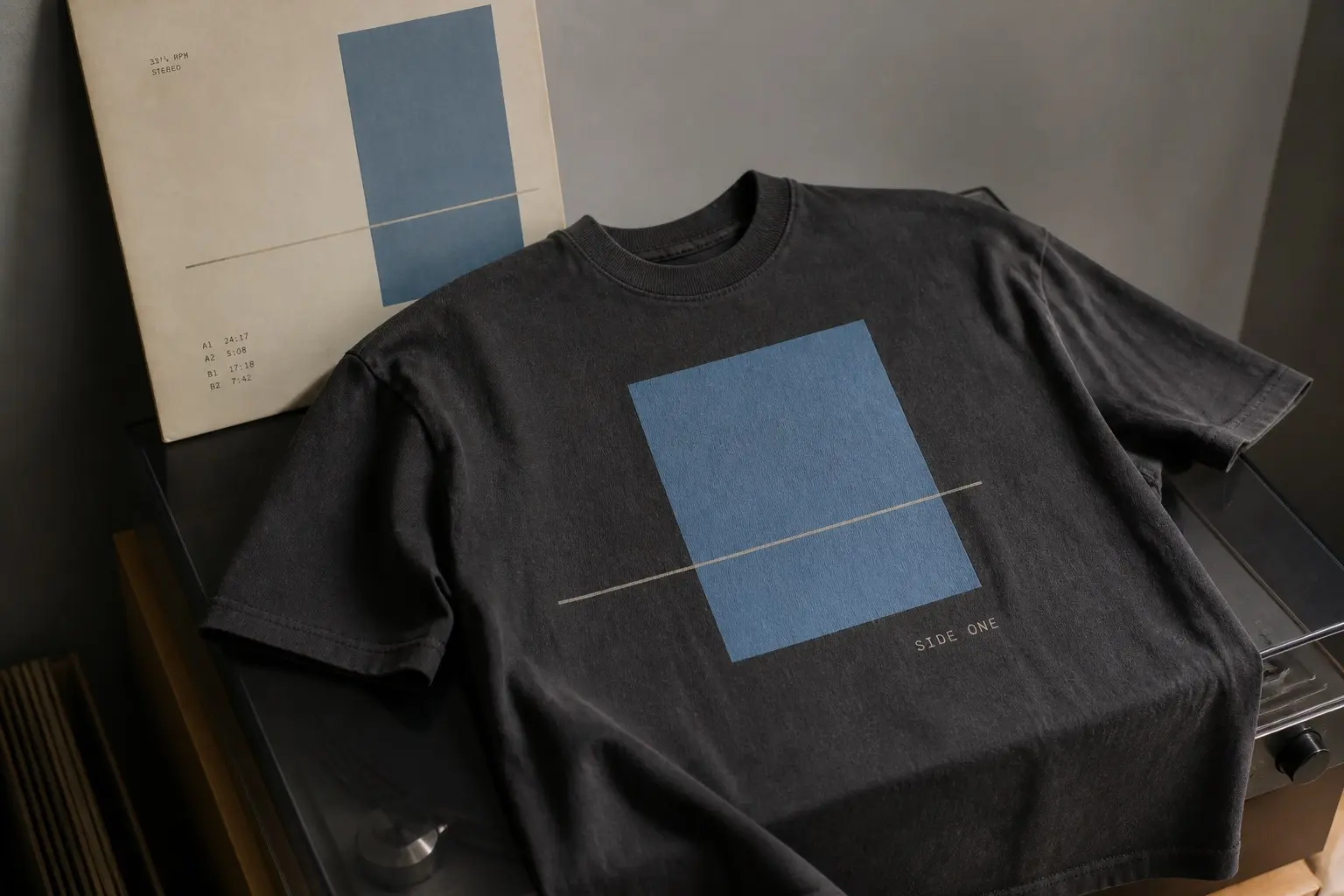 A charcoal tee on a record player lid, printed with a single stark blue rectangle intersected by a thin line and tiny grid-set type reading SIDE ONE in the lower corner