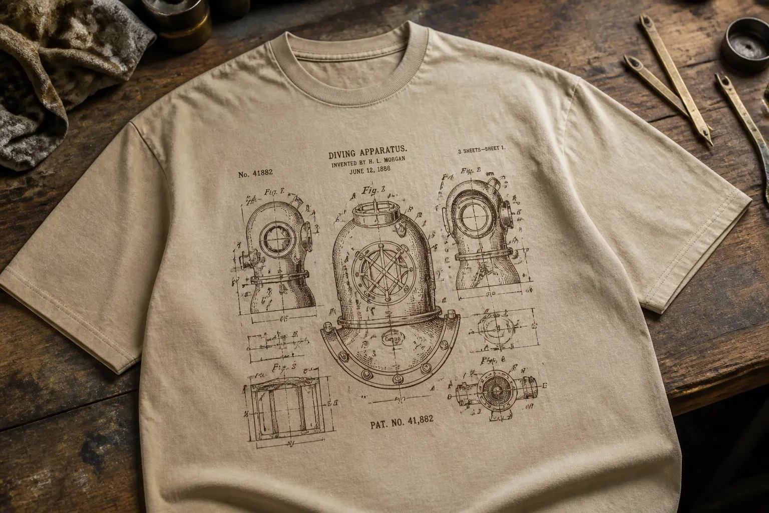A sand-coloured tee on a workbench beside brass calipers, printed with a Victorian patent drawing of an invented diving apparatus with dimension lines and PAT. NO. 41,882 beneath