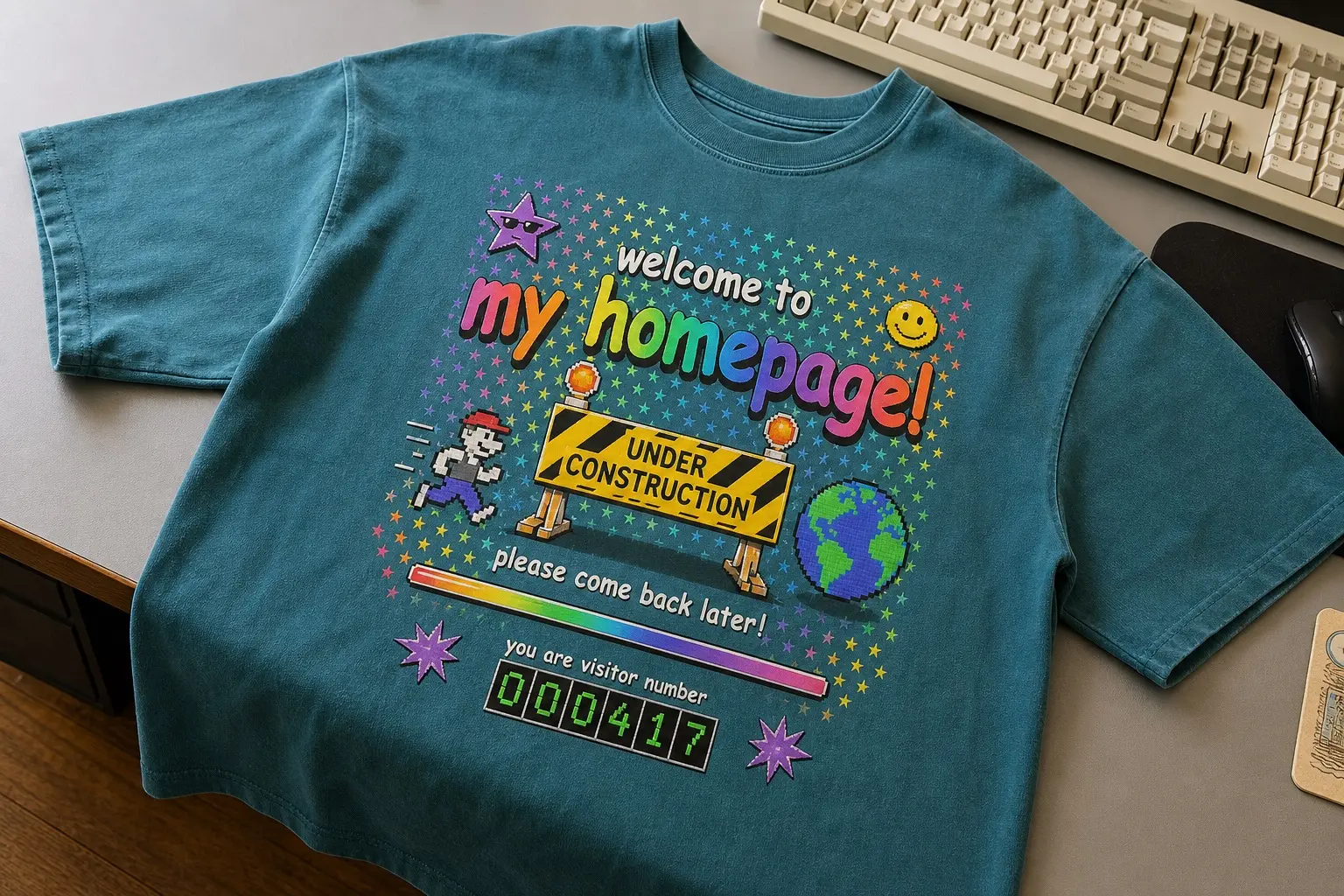 A washed teal tee on a desk beside a beige keyboard, printed with an UNDER CONSTRUCTION barrier, a spinning-globe icon, a rainbow divider and a visitor counter reading 000417