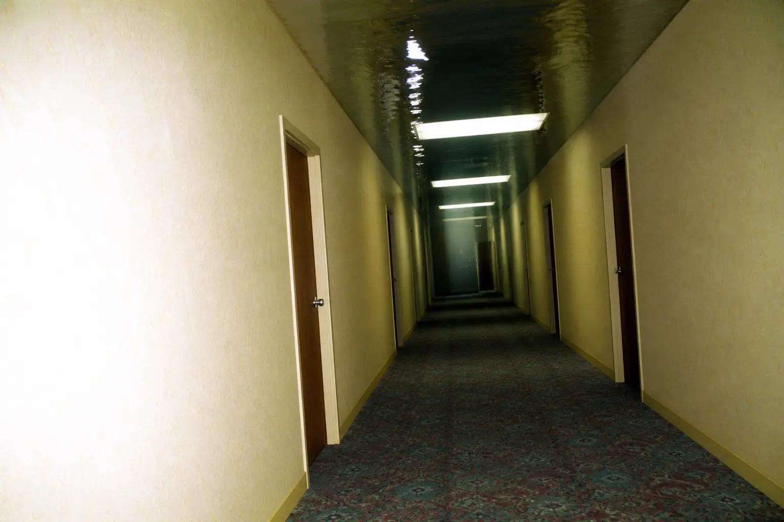 An empty fluorescent-lit corridor with yellowed walls and worn carpet, shot slightly off-centre, in the style of a low-resolution amateur photograph
