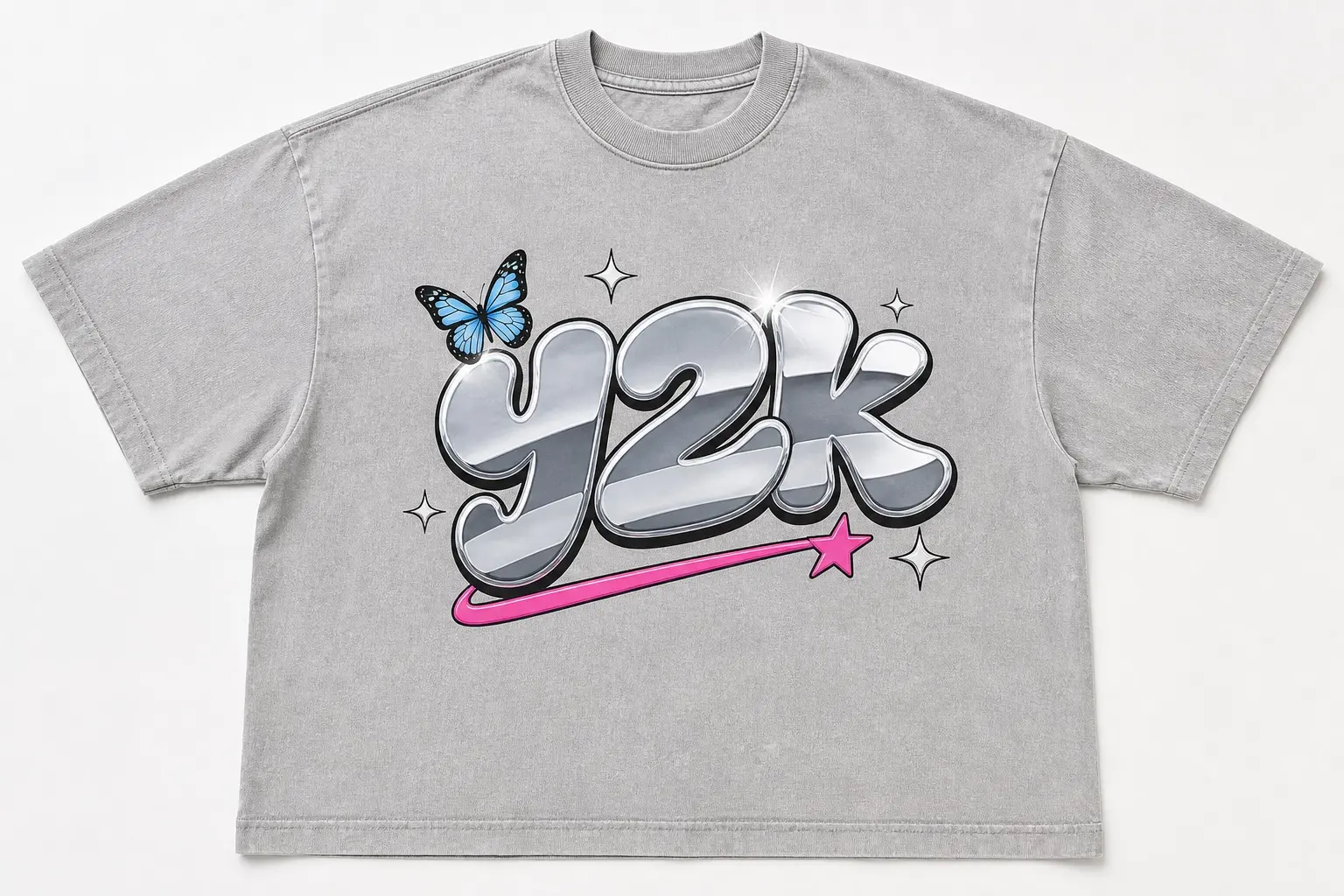 A pale grey tee printed with the letters Y2K in glossy chrome bubble type with a pink star swoosh, a blue butterfly and white sparkles