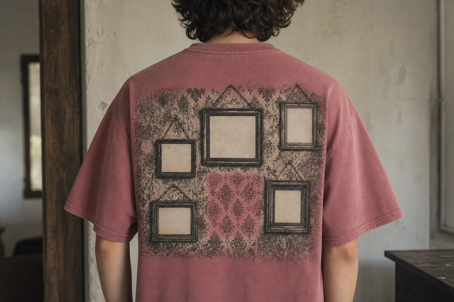 A dusty rose tee printed with a section of patterned wallpaper carrying five hanging frames of different sizes in an uneven cluster, each holding a plain blank rectangle, with one unfaded patch of stronger colour showing where a larger frame once hung.