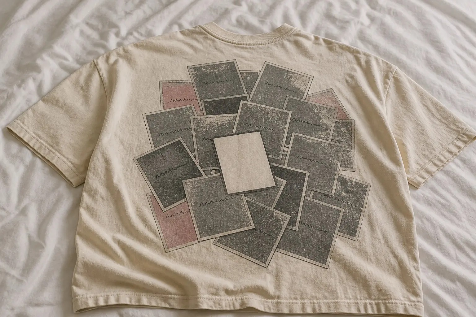 An oatmeal tee printed with nineteen prints fanned across a surface from directly above, every one face down showing only its plain back with a handwritten note in the same hand, and one print near the middle turned the other way and drawn as a plain blank rectangle.