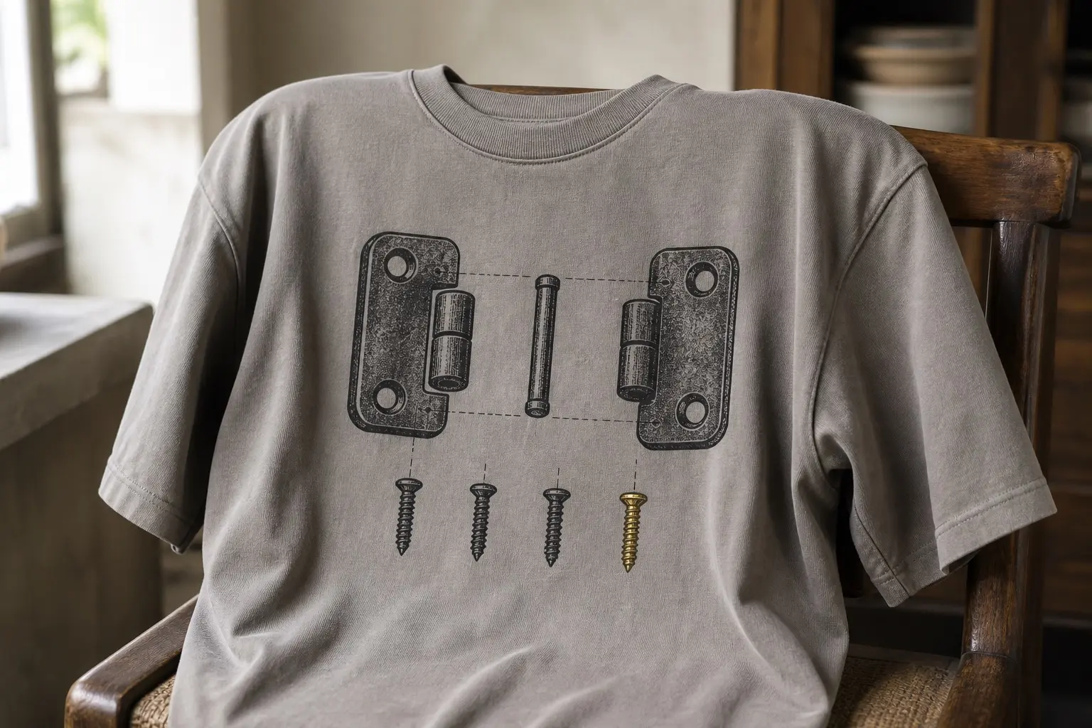 A stone-grey tee draped over the back of a wooden chair, printed with a cupboard hinge in exploded technical view — the two leaves separated along a horizontal axis with the pin shown between them on a dashed line, and four screws laid out below on fine leader lines, three in the same dull grey tone as the hinge and the fourth, at the right, printed in a bright brass tone.