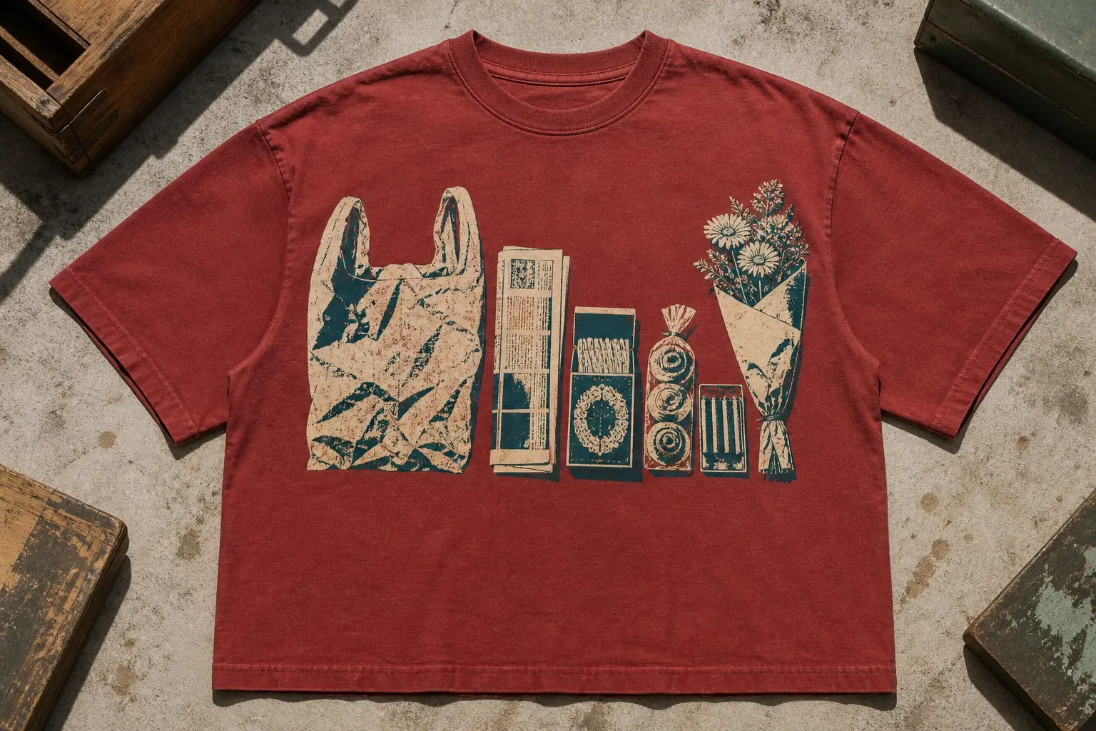 A brick-red tee printed with a creased empty carrier bag seen from above and, laid out beside it in a row, a newspaper, a box of teabags, a bag of pastries, a packet of batteries and a bunch of flowers in a paper sleeve.