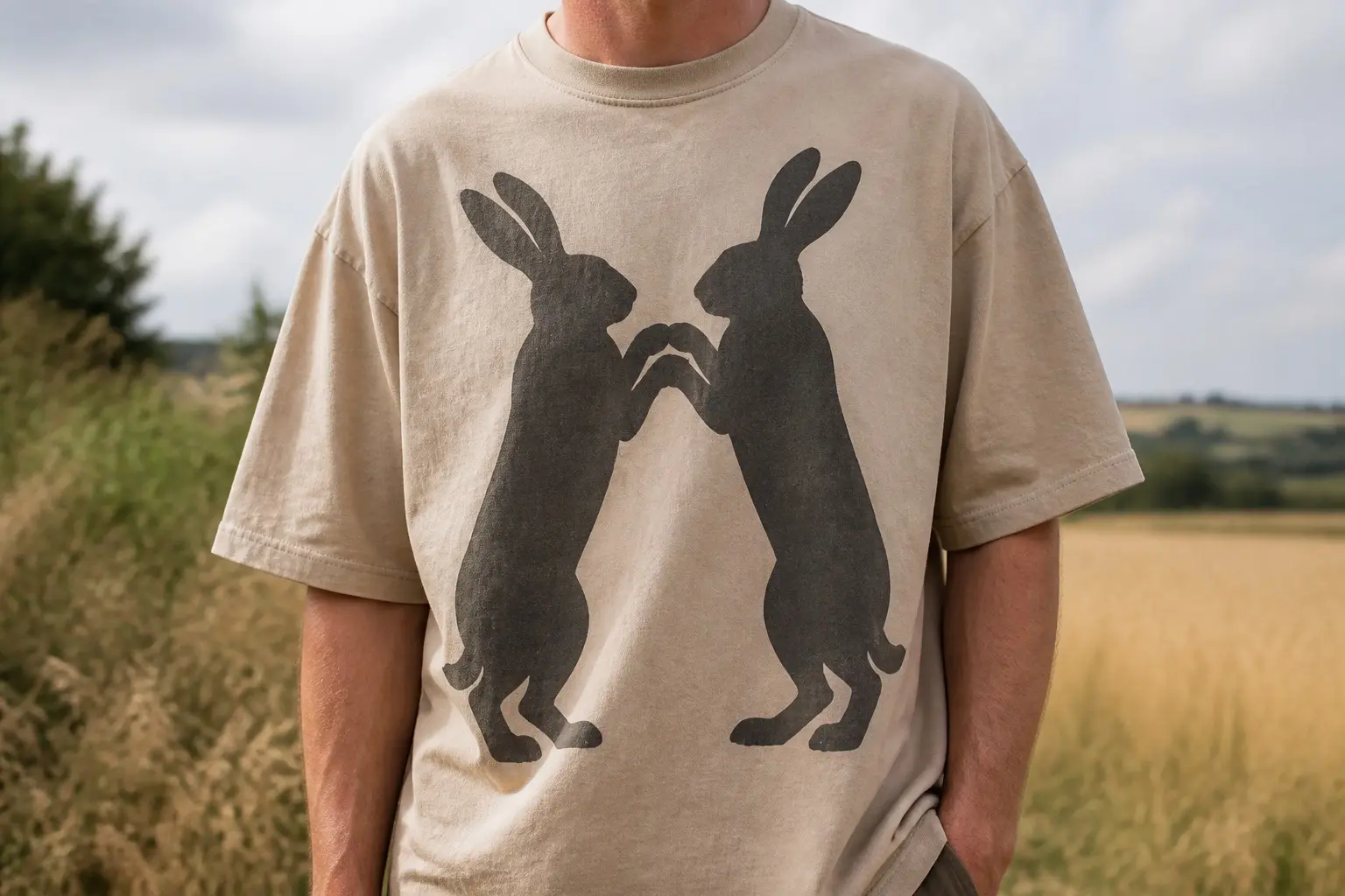 A sand-coloured tee printed with two hares in charcoal reared up facing each other with forepaws raised, two heavy flat silhouettes filling the width of the chest, only the ears and paws separating them