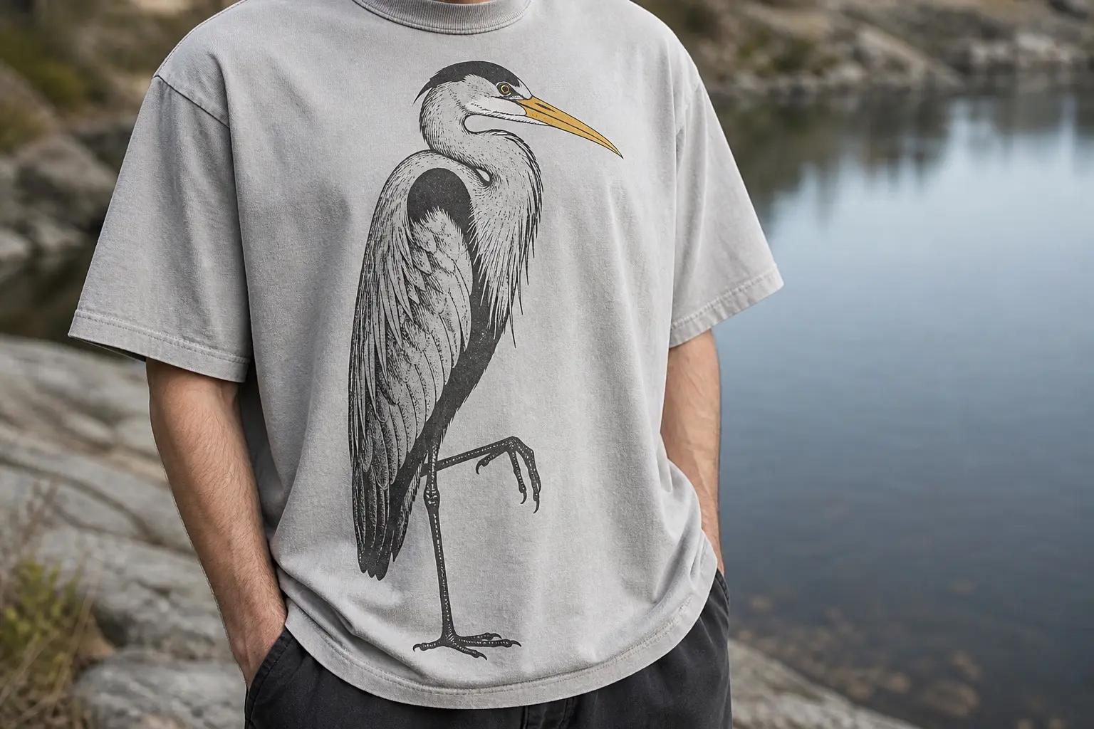 A pale grey tee printed with a grey heron standing side-on in charcoal, drawn tall enough to run from collar to hem, its neck folded into its shoulders, one leg lifted, with a single yellow beak.