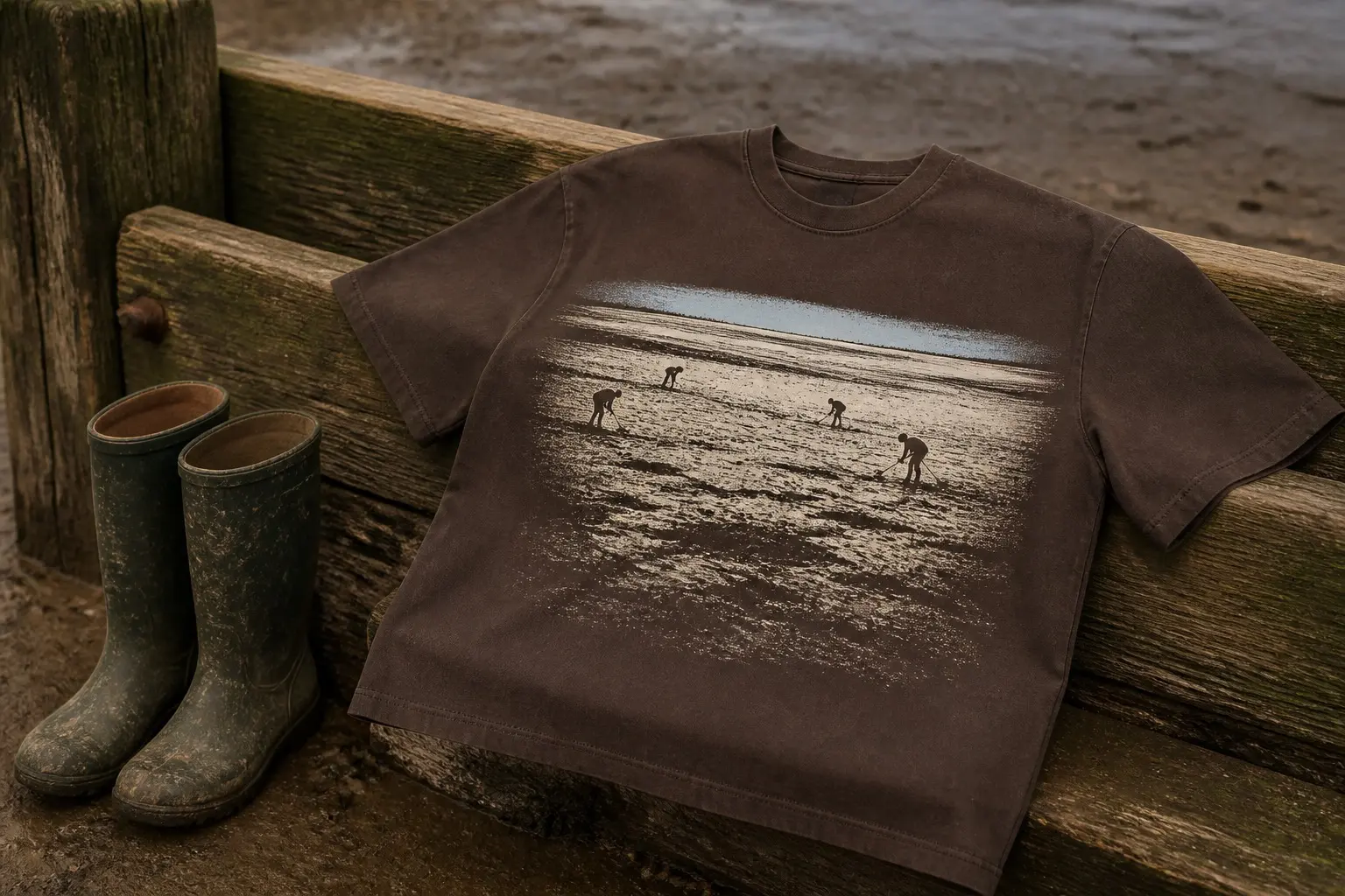 A mud-brown tee printed with four small bent figures in cream spread widely across an almost empty mudflat, each holding a fork, with a thin pale blue band of far-off water along the top edge.